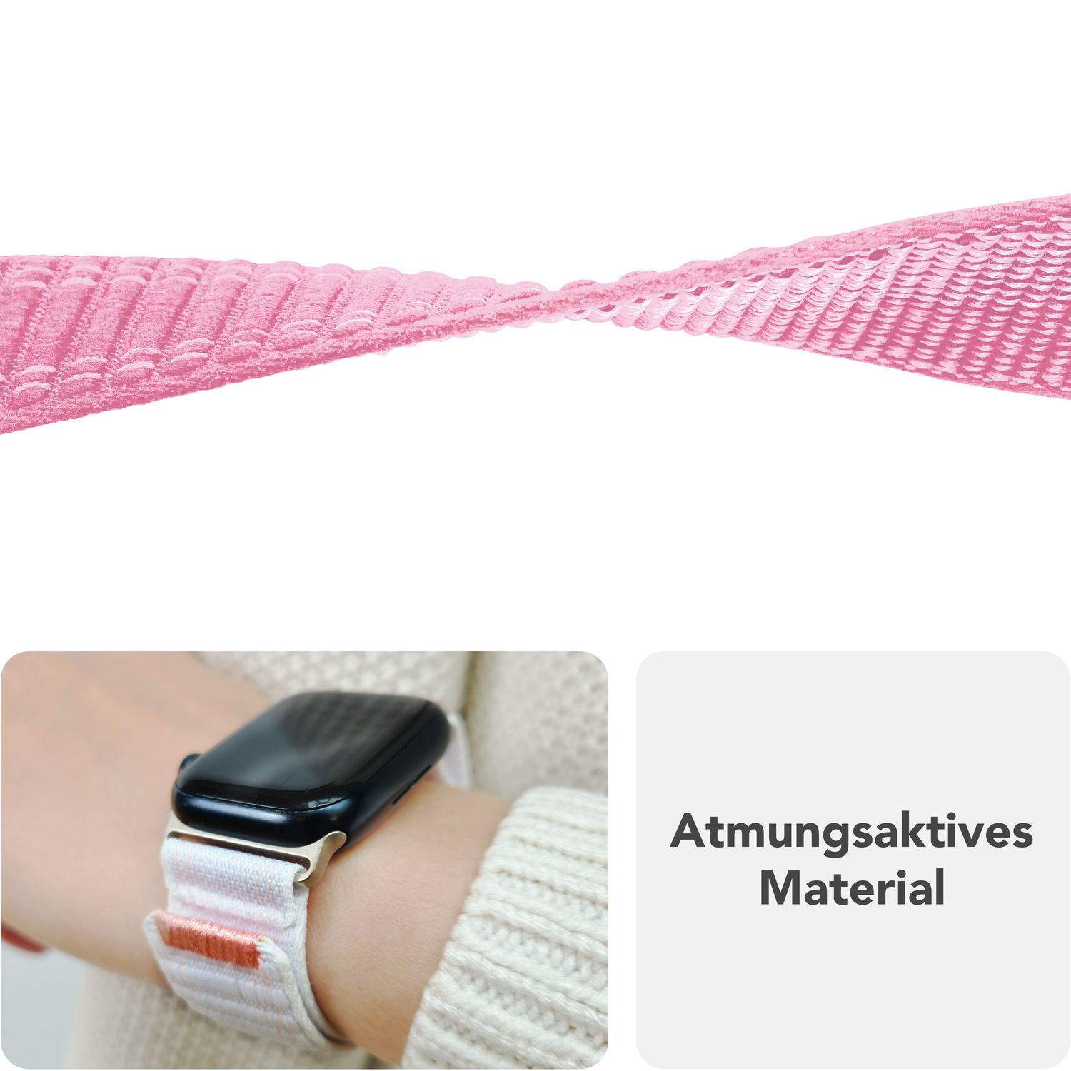 Rosa Armband neben einer Apple Watch mit weißem und rosa Band.