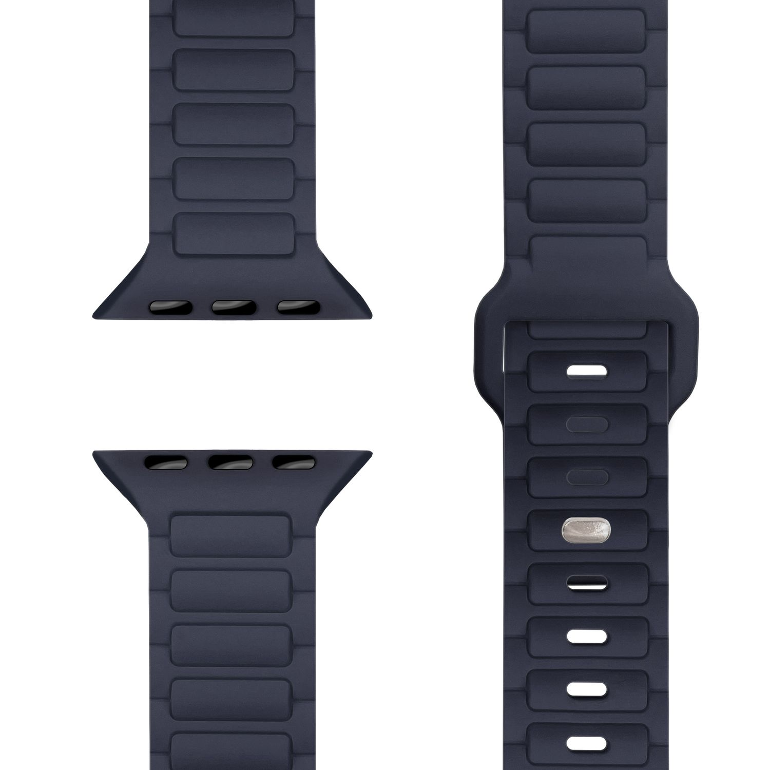 Marineblaue Uhrenarmbandteile. Detaillierte Ansicht des Designs des Armbands. Drei separate Abschnitte.