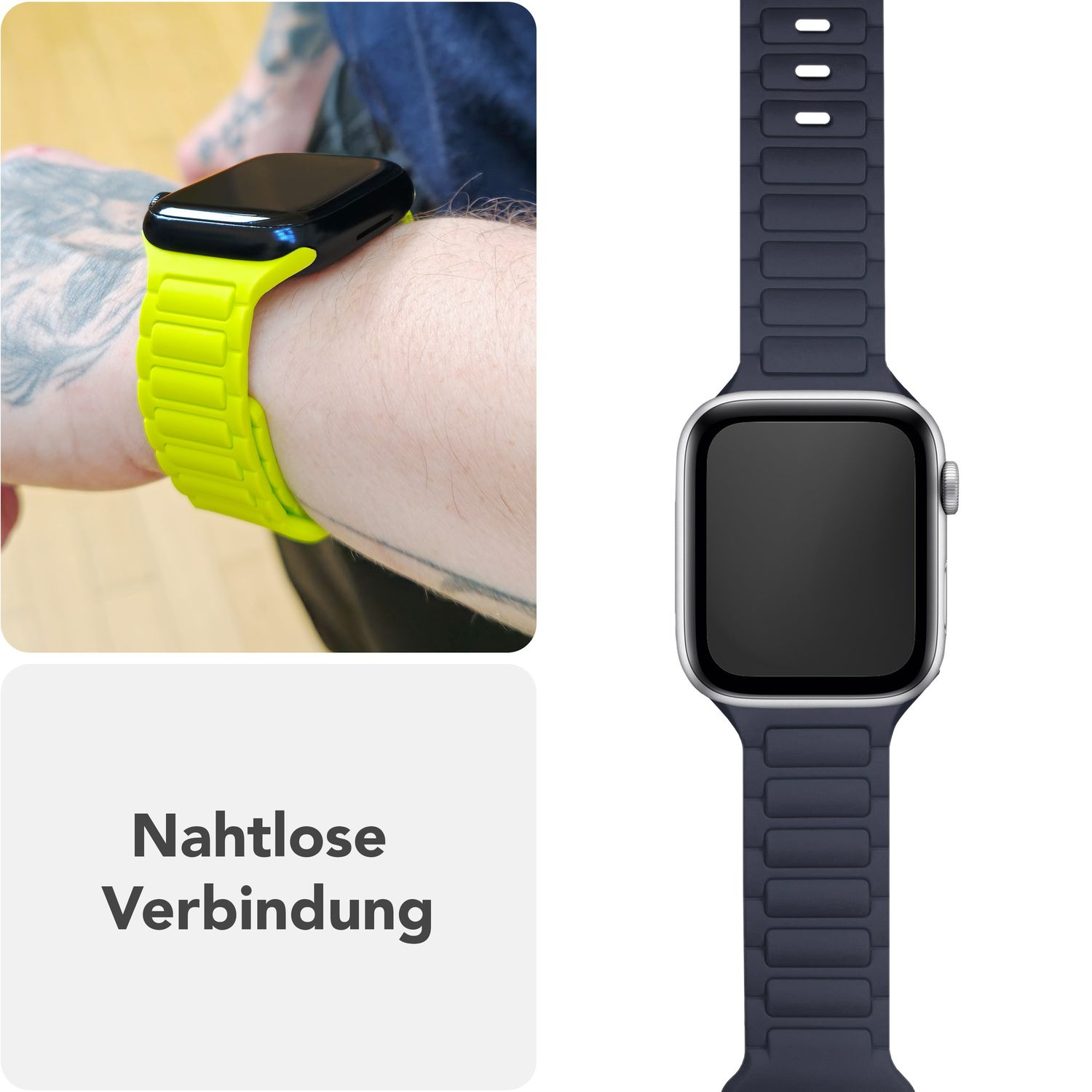 Handgelenk mit gelbem Armband neben einem dunkelblauen Apple Watch-Armband.