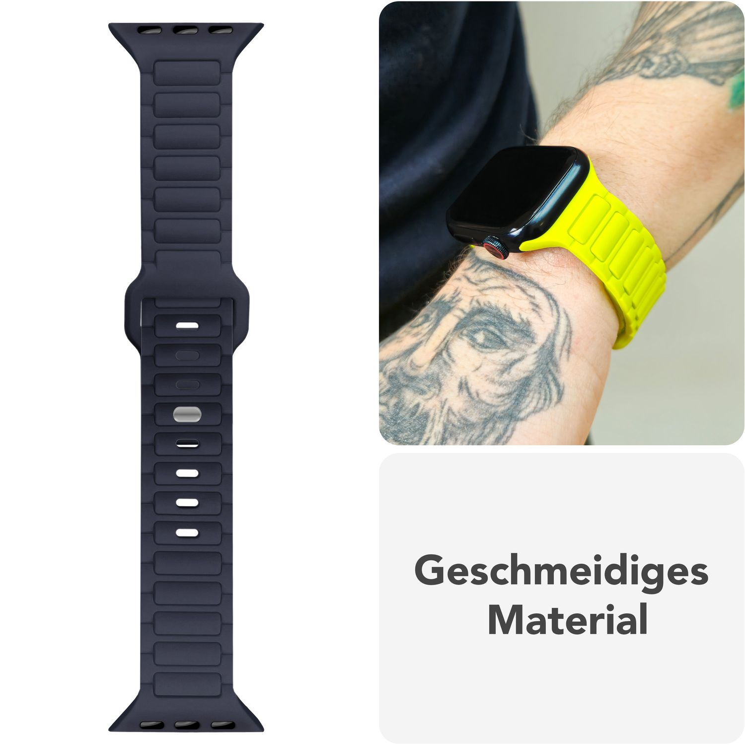 Dunkelblaues Apple Watch-Armband neben einer gelben Uhr am Handgelenk.