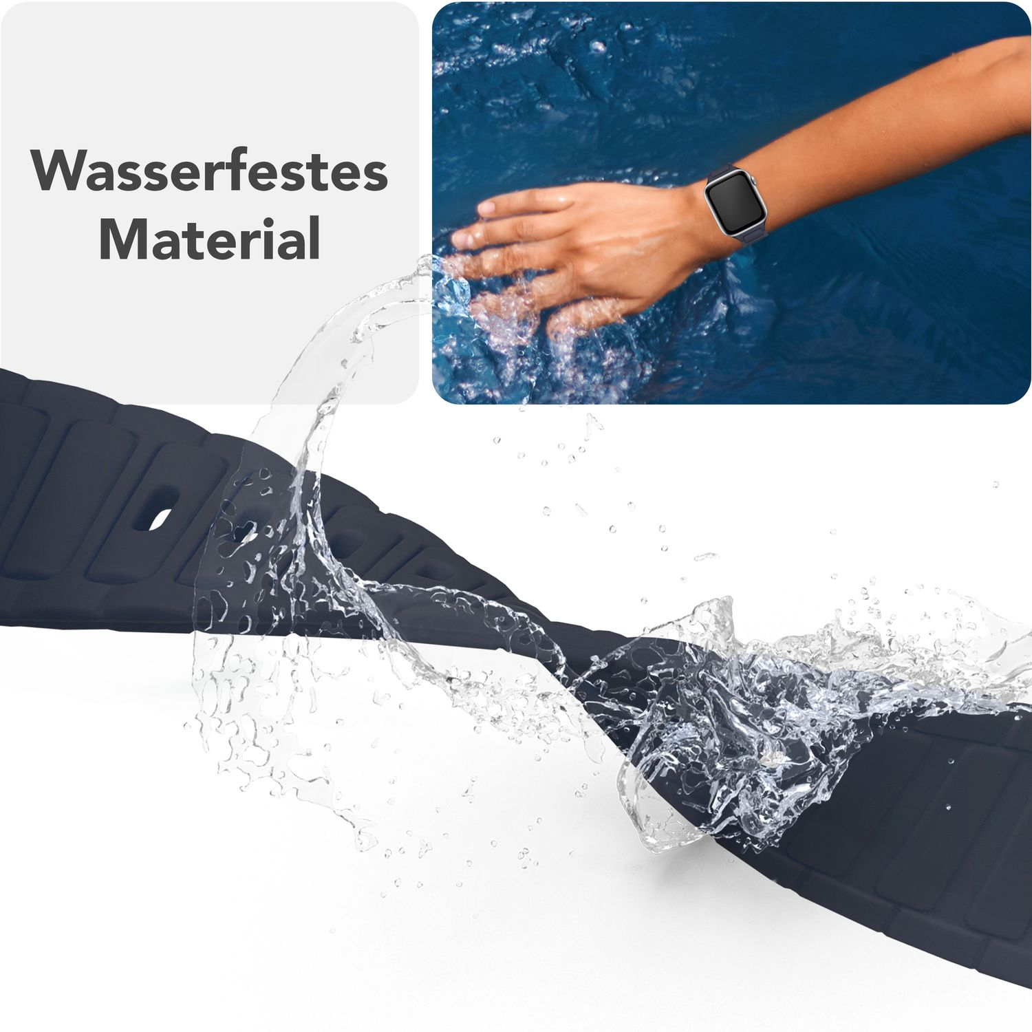Schwarzes Uhrenarmband mit Wassertropfen, Text sagt wasserfestes Material auf Deutsch.