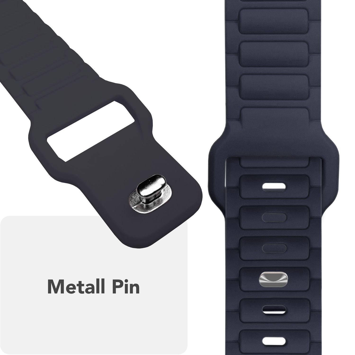 Nahaufnahme des Metalldetail des dunkelblauen Apple Watch-Armbands.
