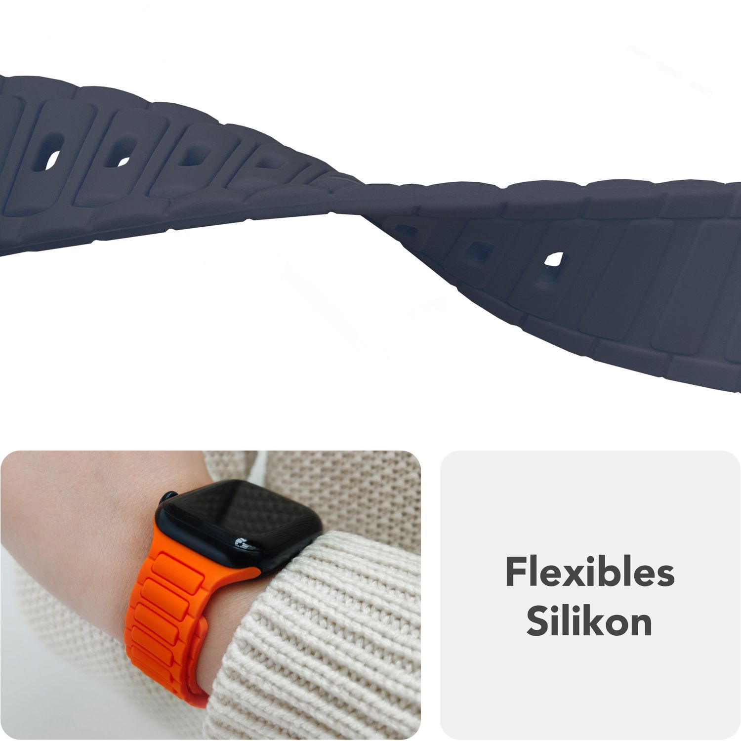 Nahaufnahme eines Armbands. Text: Flexibles Silikon. Orangefarbenes Armband.