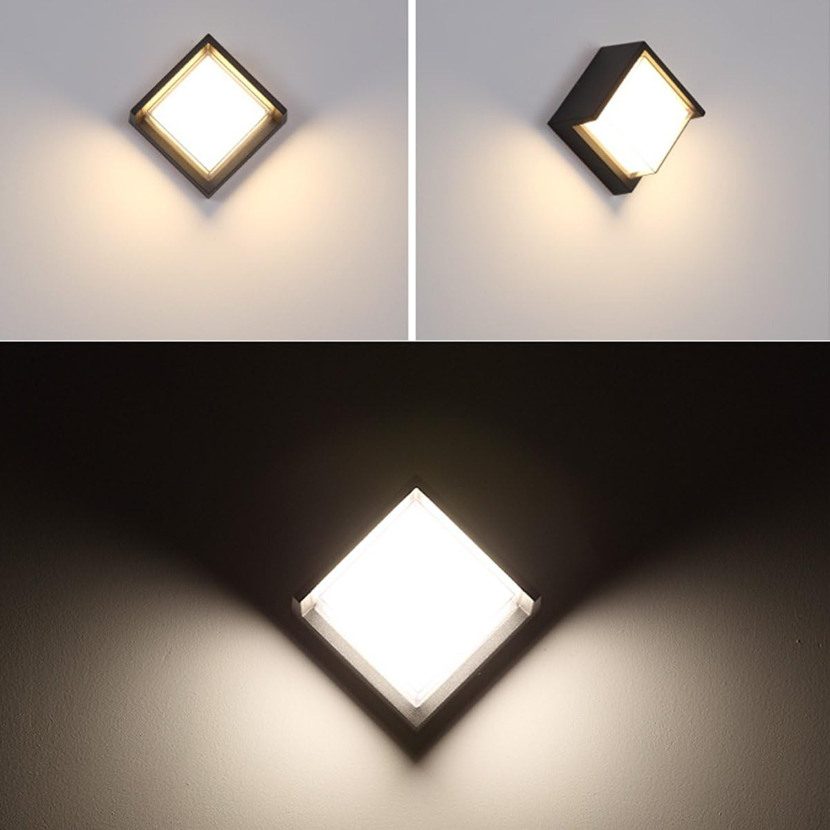 Drei quadratische Wandleuchten mit hellem Licht. Die Wand ist weiß.