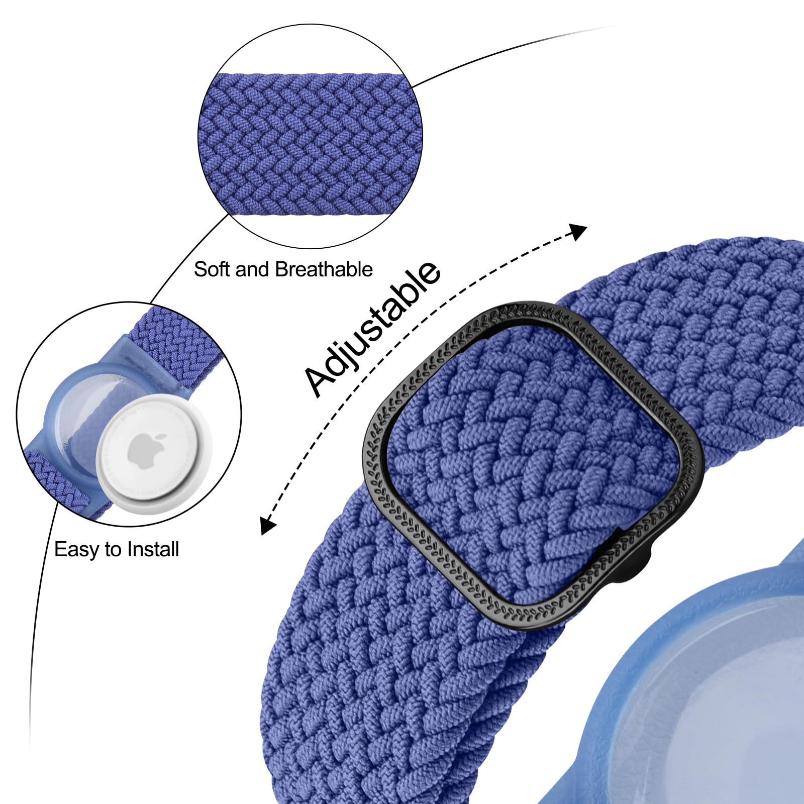 Ein blau geflochtenes Uhrenarmband mit einem Apple AirTag-Halter und einer schwarzen Schnalle. Text lautet "Einstellbar".