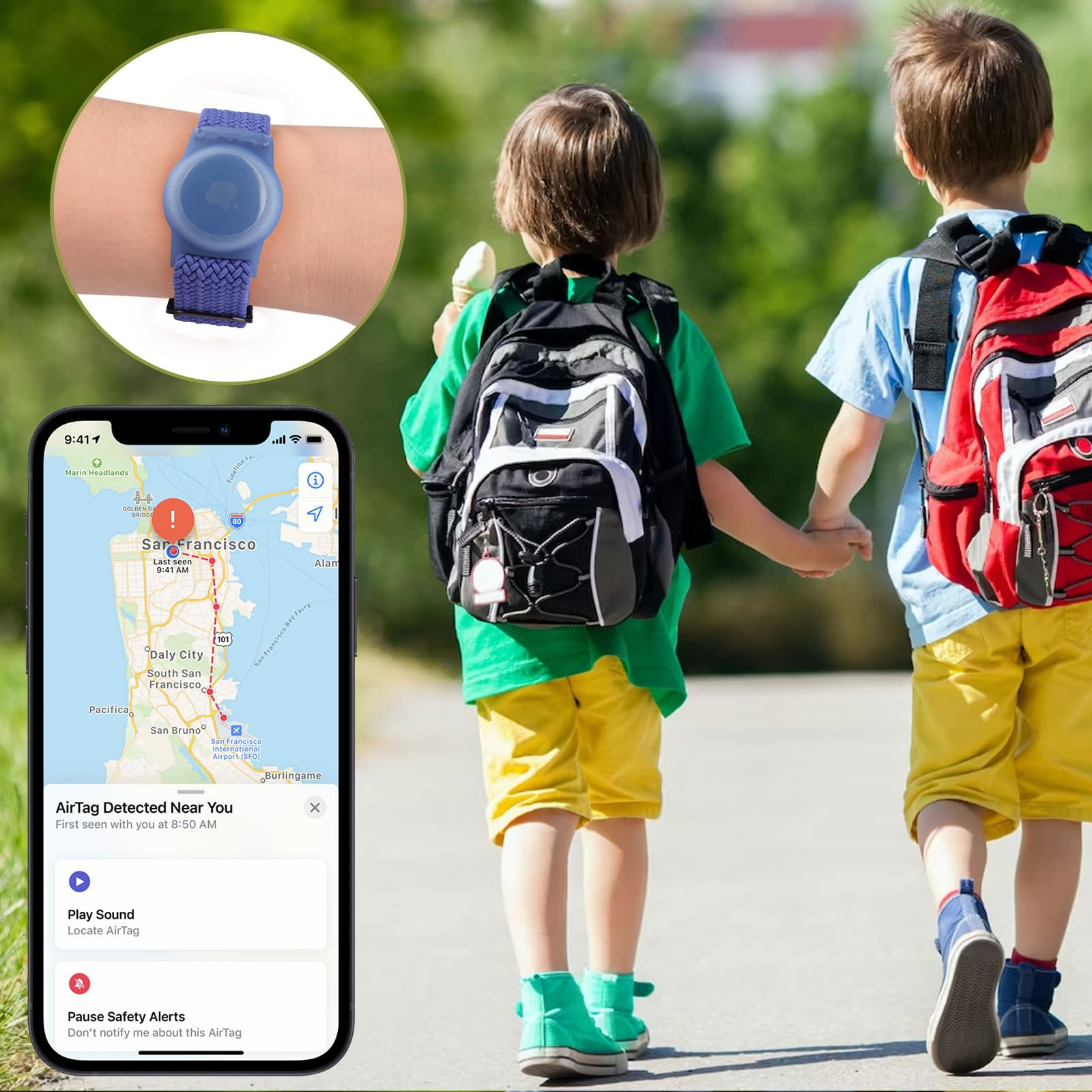 Zwei Kinder gehen mit Rucksäcken, eines mit blauem Armband mit AirTag.