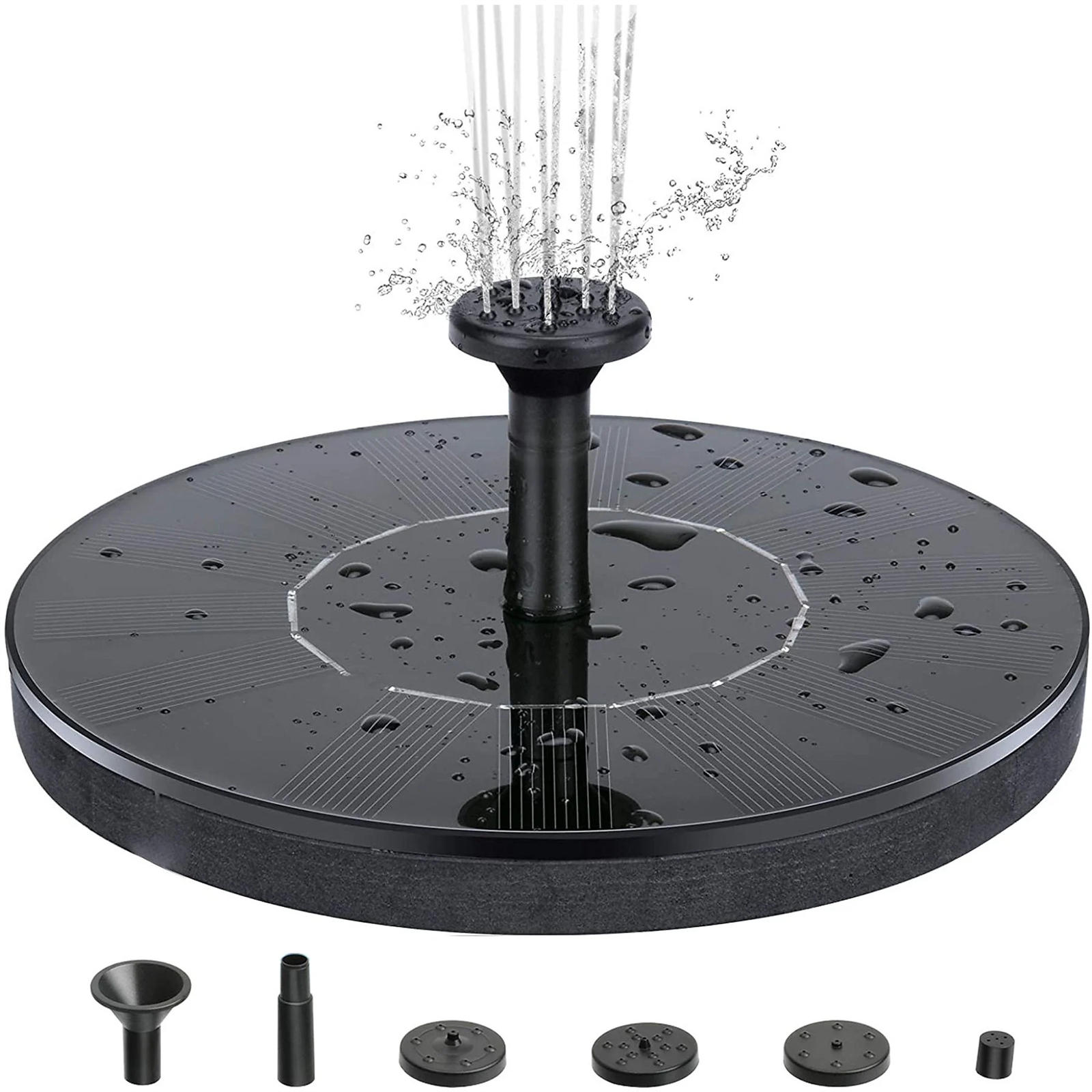 Ein schwarzer solarbetriebener Springbrunnen mit Wasserstrahlen, umgeben von einer kreisförmigen schwarzen Basis.