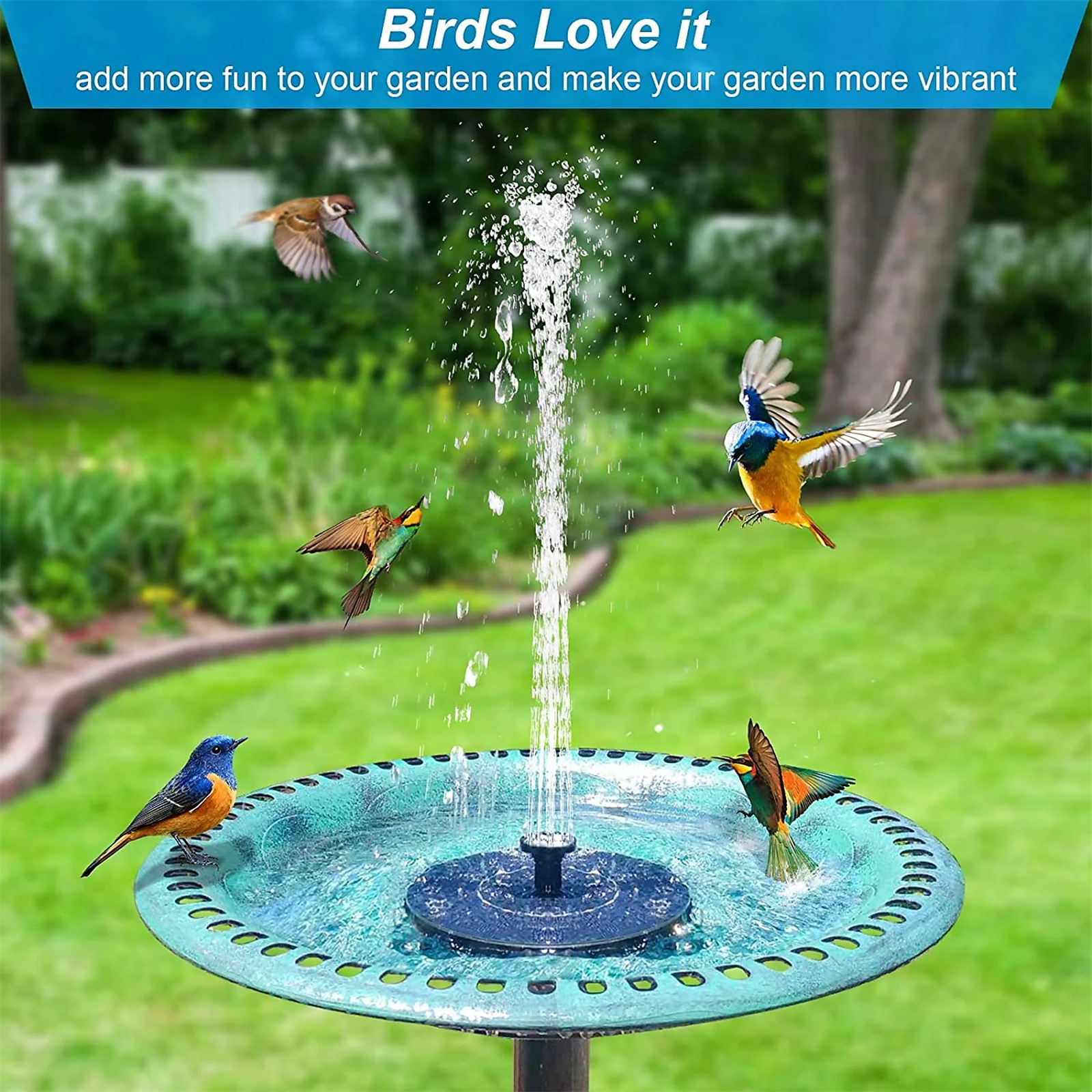 Vögel fliegen um einen Springbrunnen im Garten. Wasser spritzt aus der Mitte. Türkisfarbene Vogeltränke.