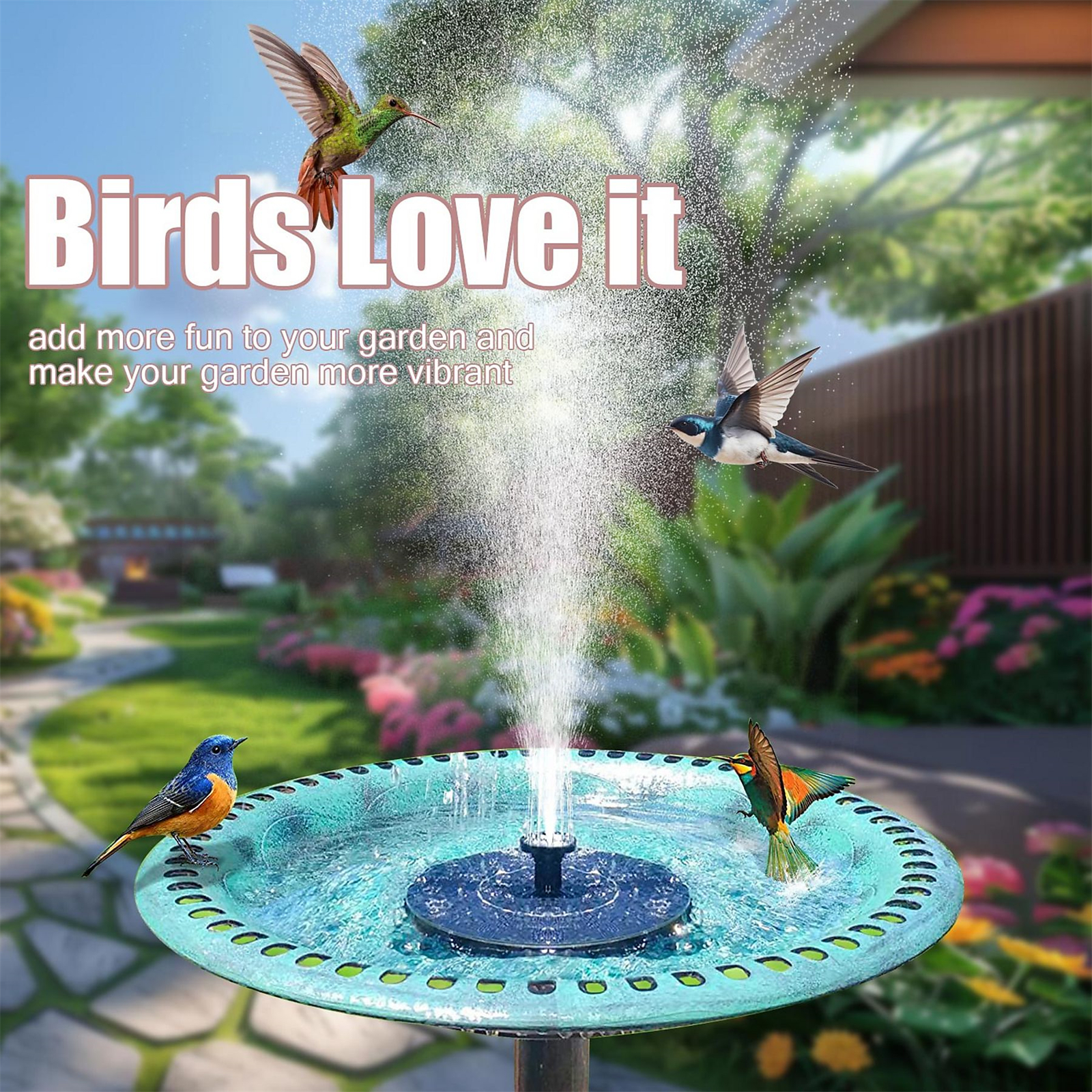 Vögel fliegen um einen Springbrunnen im Garten. Wasser spritzt aus der Mitte. Türkisfarbene Vogeltränke.