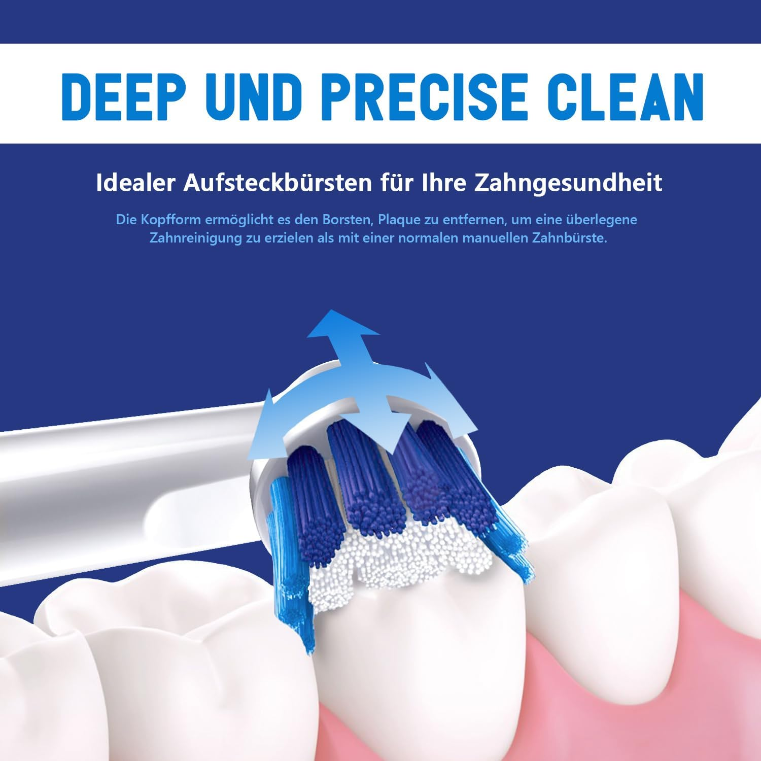 Nahaufnahme des Zahnbürstenkopfes, mit Pfeilen. Text: Deep und Precise Clean.