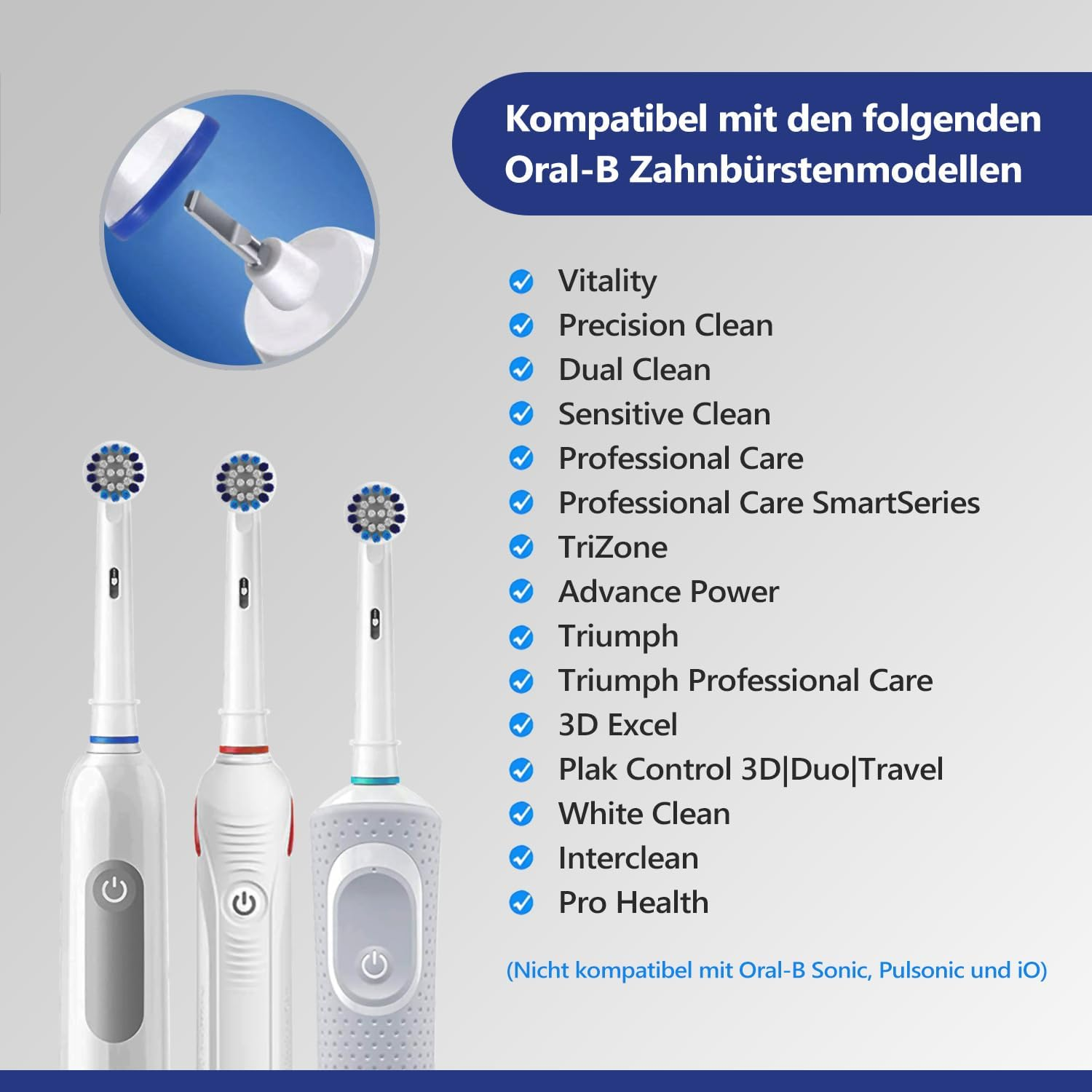 Weiße und blaue elektrische Zahnbürsten mit verschiedenen Bürstenköpfen sowie eine Kompatibilitätstabelle.