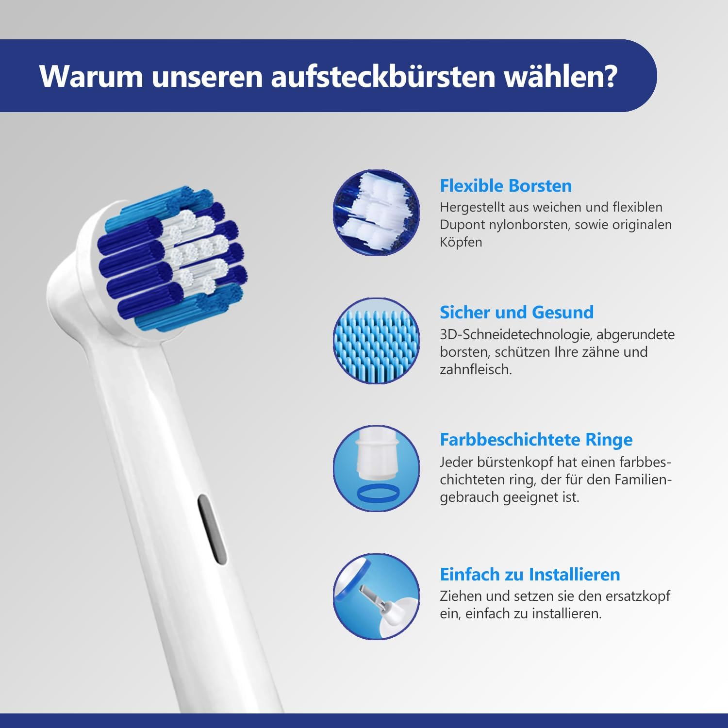 Nahaufnahme eines elektrischen Zahnbürstenkopfes mit Borsten und Merkmalen. Text auf Deutsch.