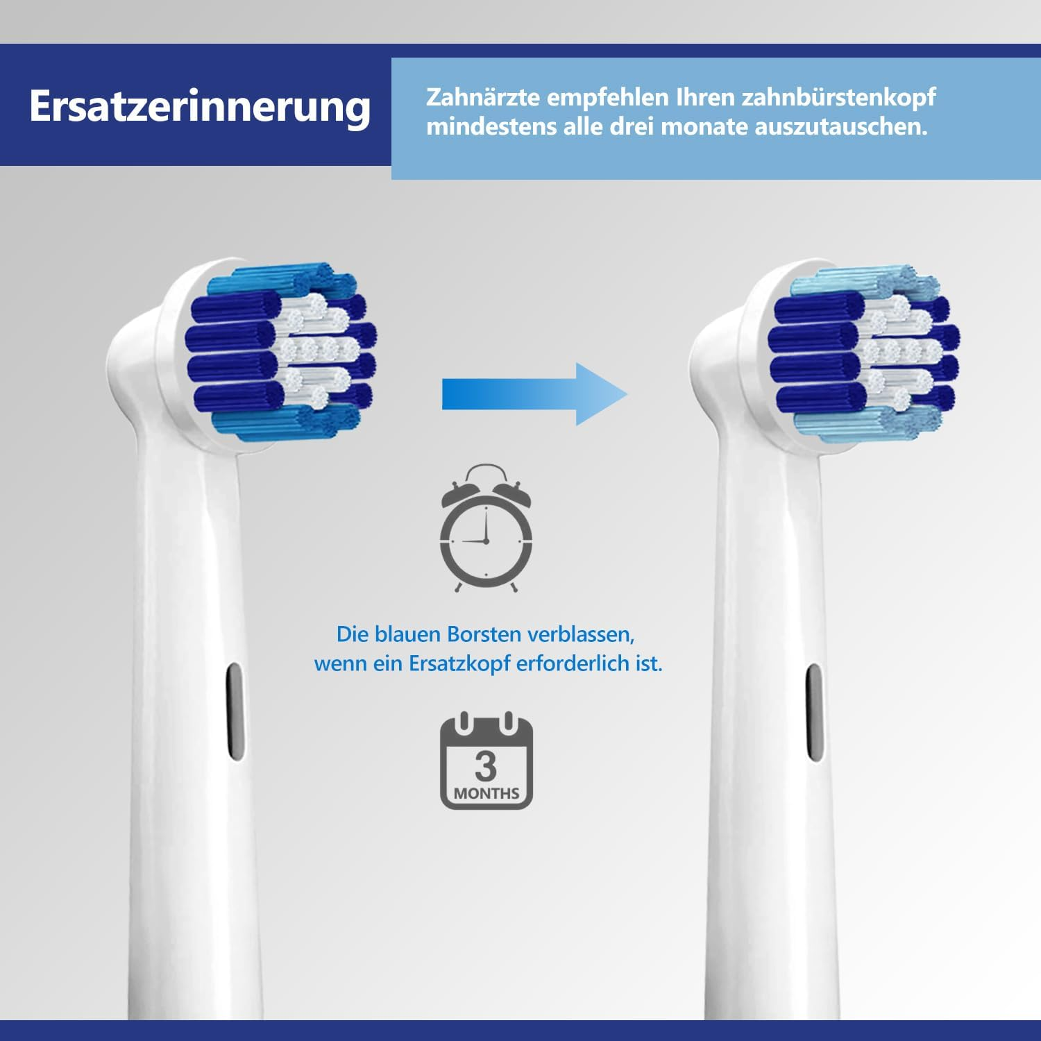 Vergleich neuer und alter Zahnbürstenköpfe. Die blauen Borsten verblassen, um anzuzeigen, dass ein Austausch erforderlich ist.
