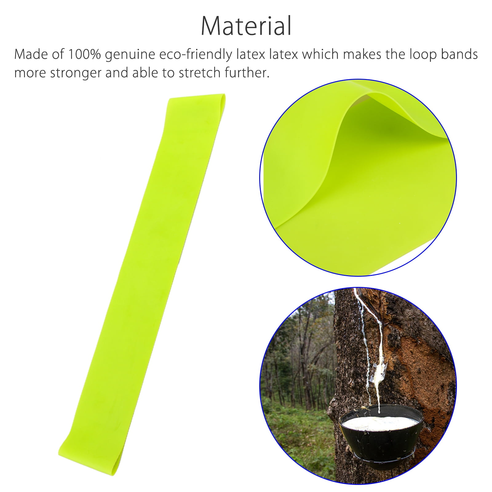 Ein langes grünes Übungsband, eine Nahaufnahme des Materials und eine Latexextraktion aus einem Baum.