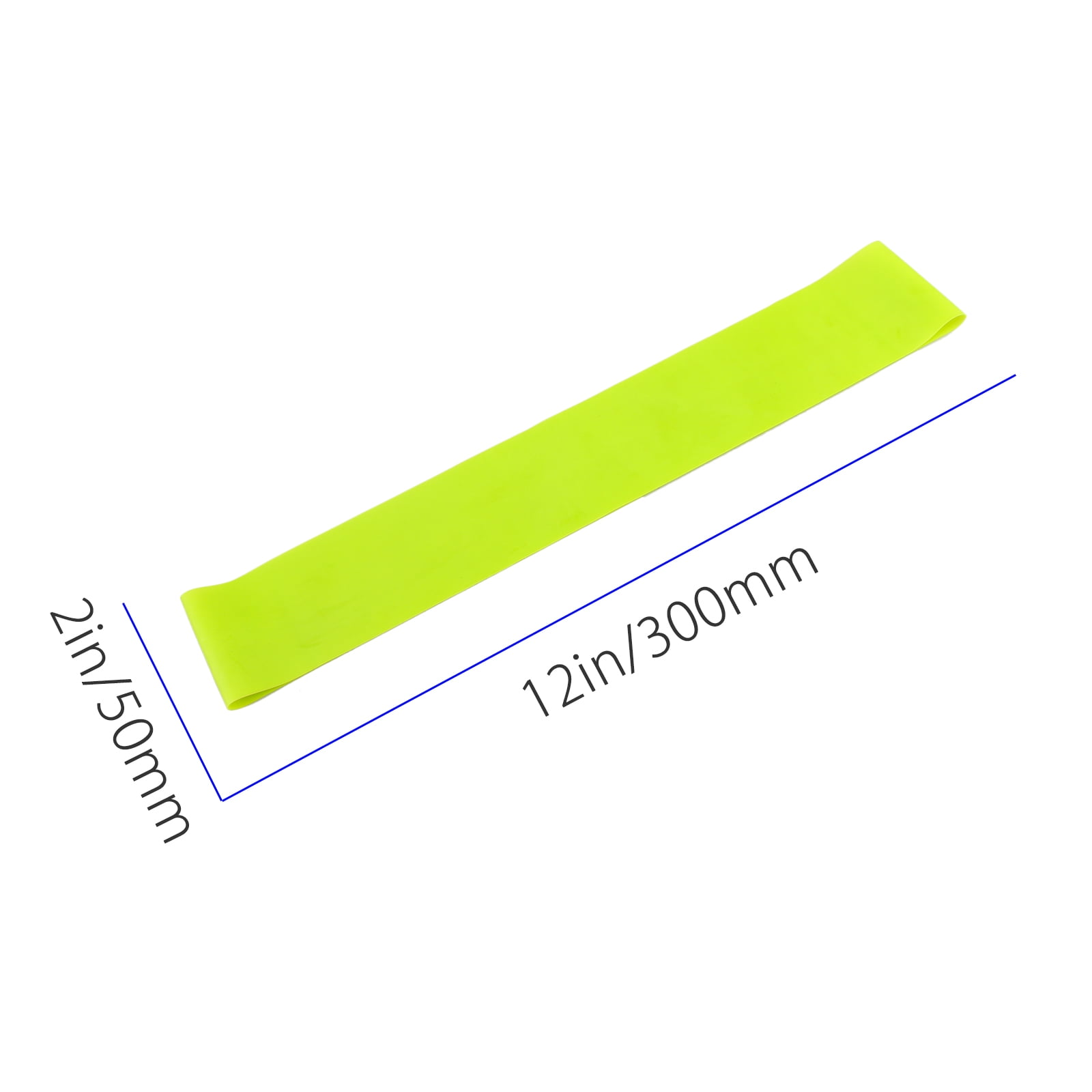 Neongrünes Übungsband mit Maßen. Das Band ist 2 Zoll/50 mm breit und 12 Zoll/300 mm lang.