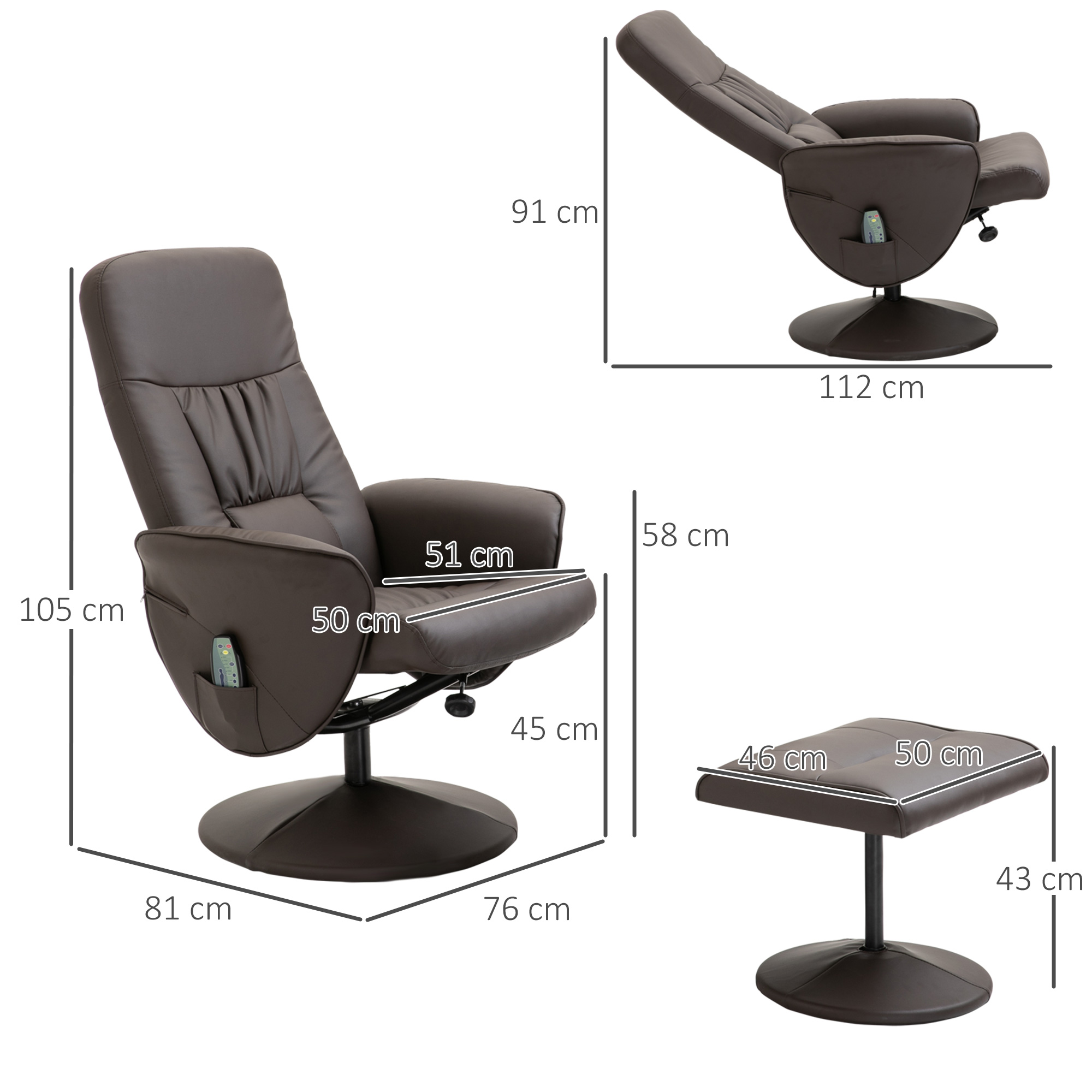 Ein brauner Relaxsessel mit Maßangaben. Enthält eine Fußstütze mit Maßangaben. Stuhl in weißem Raum.