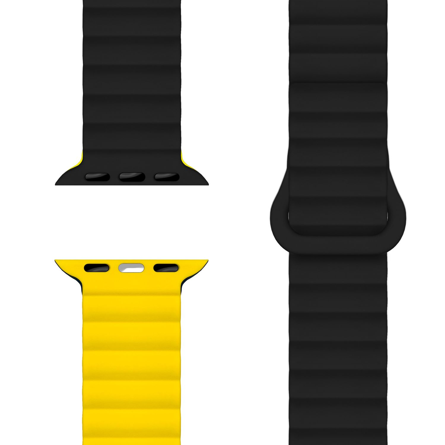 Drei Teile eines schwarz-gelben Uhrenarmbands, Nahaufnahme des Designs.