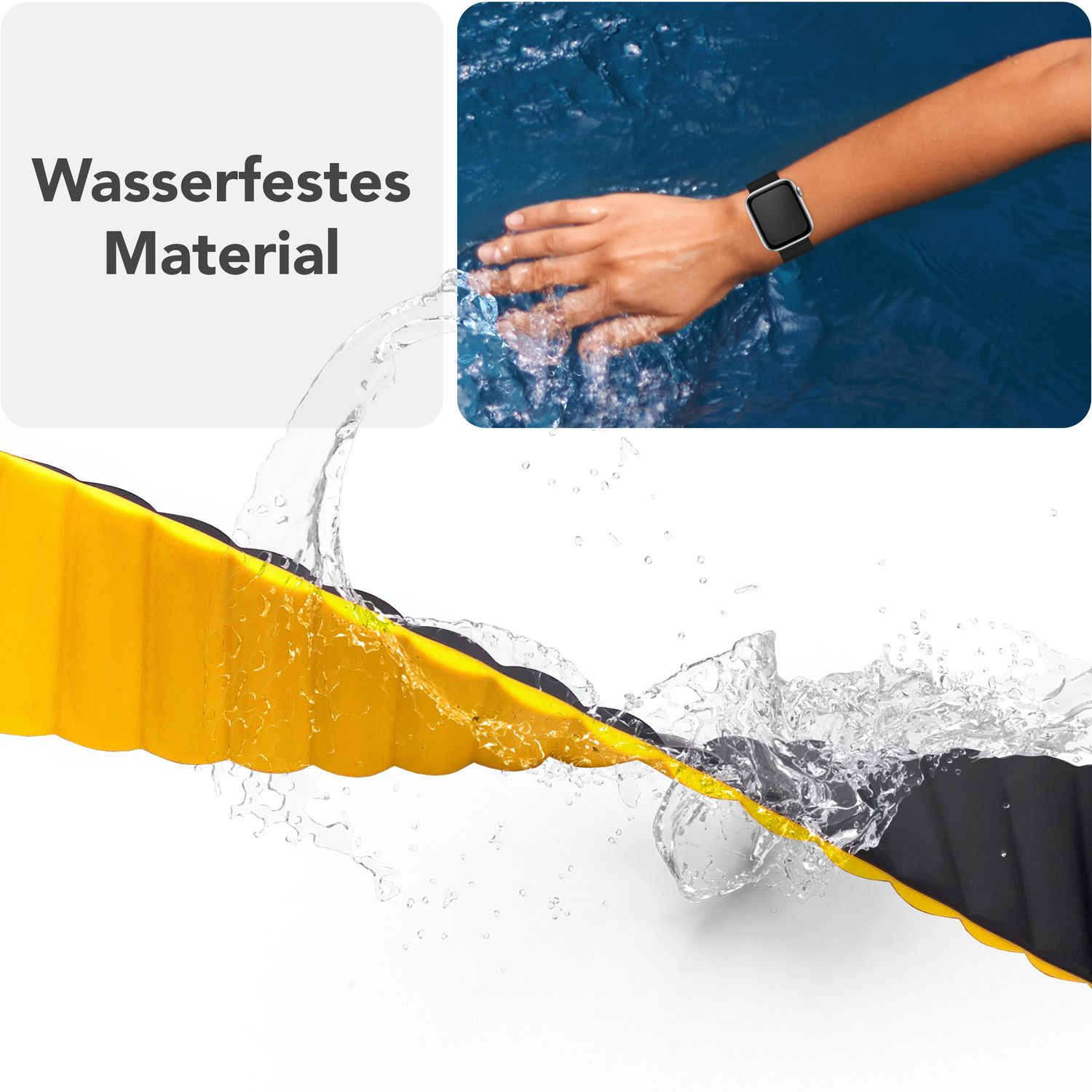 Gelb-schwarzes Armband im Wasser mit Wasserspritzern und Person, die es trägt.
