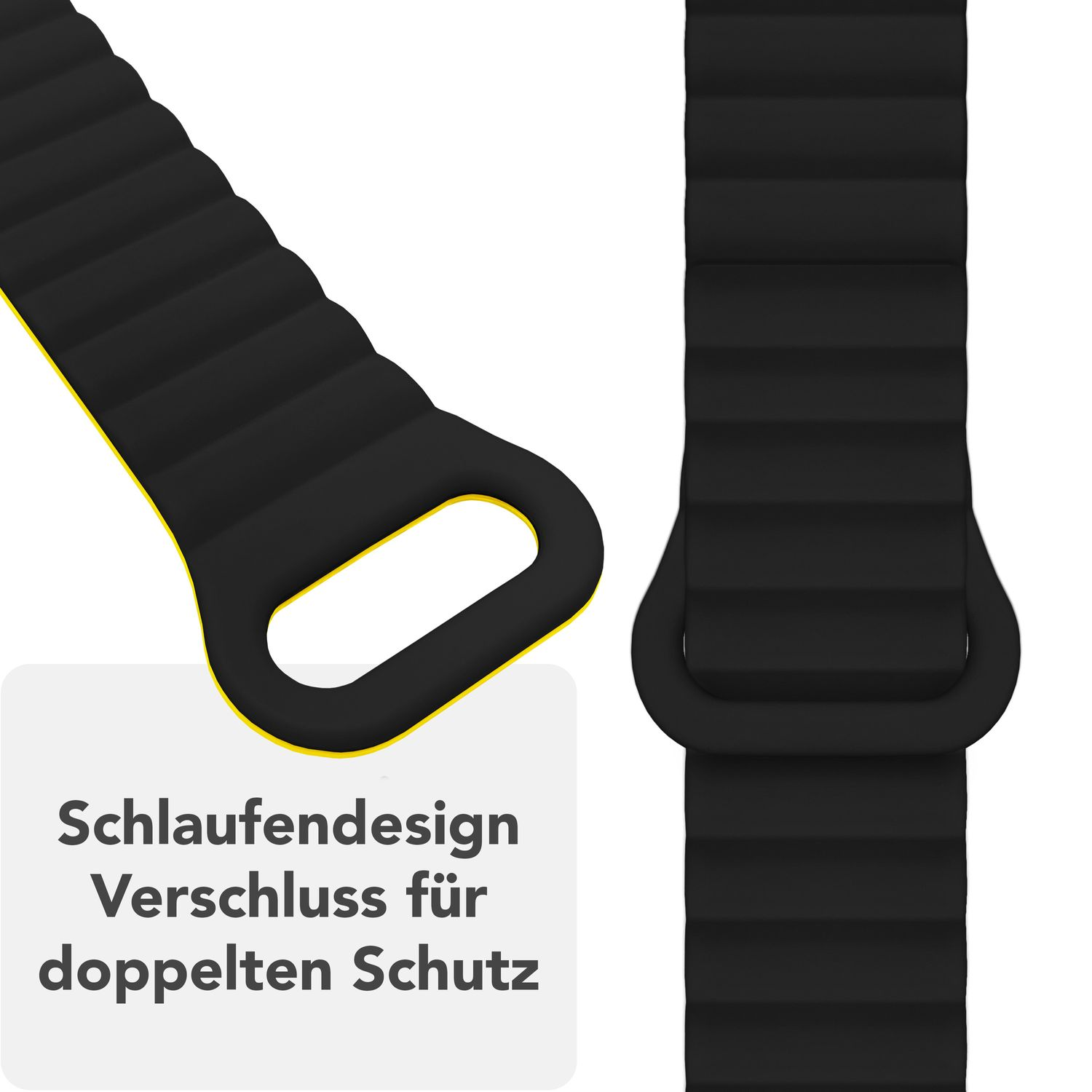 Schwarzes Uhrenarmband mit Schlaufendesign für doppelten Schutz.