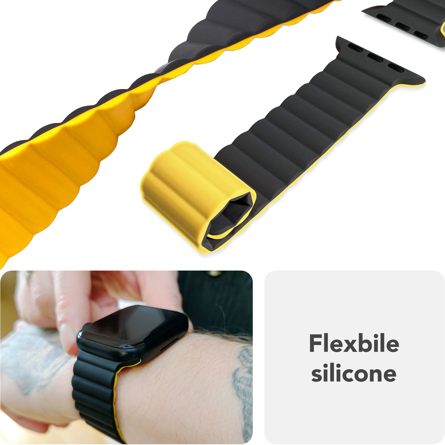 Schwarz-gelbes Uhrenarmband aus flexiblem Silikon. Ein Handgelenk trägt das Band.