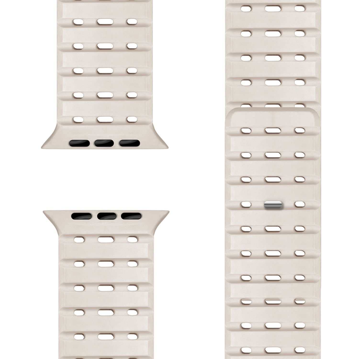 Beige Uhrenarmbandteile. Zwei Bandteile gezeigt. Das Band hat ein geriffeltes Design mit Löchern.