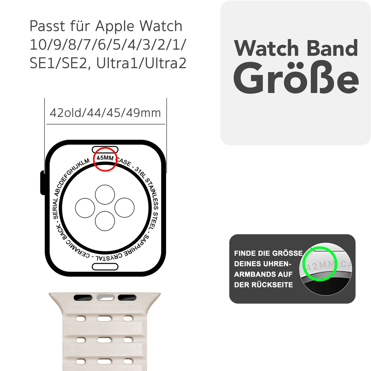 Diagramm, das ein Zifferblatt und ein Uhrenarmband mit Größenmarkierungen zeigt. Text: Uhrenarmbandgröße.