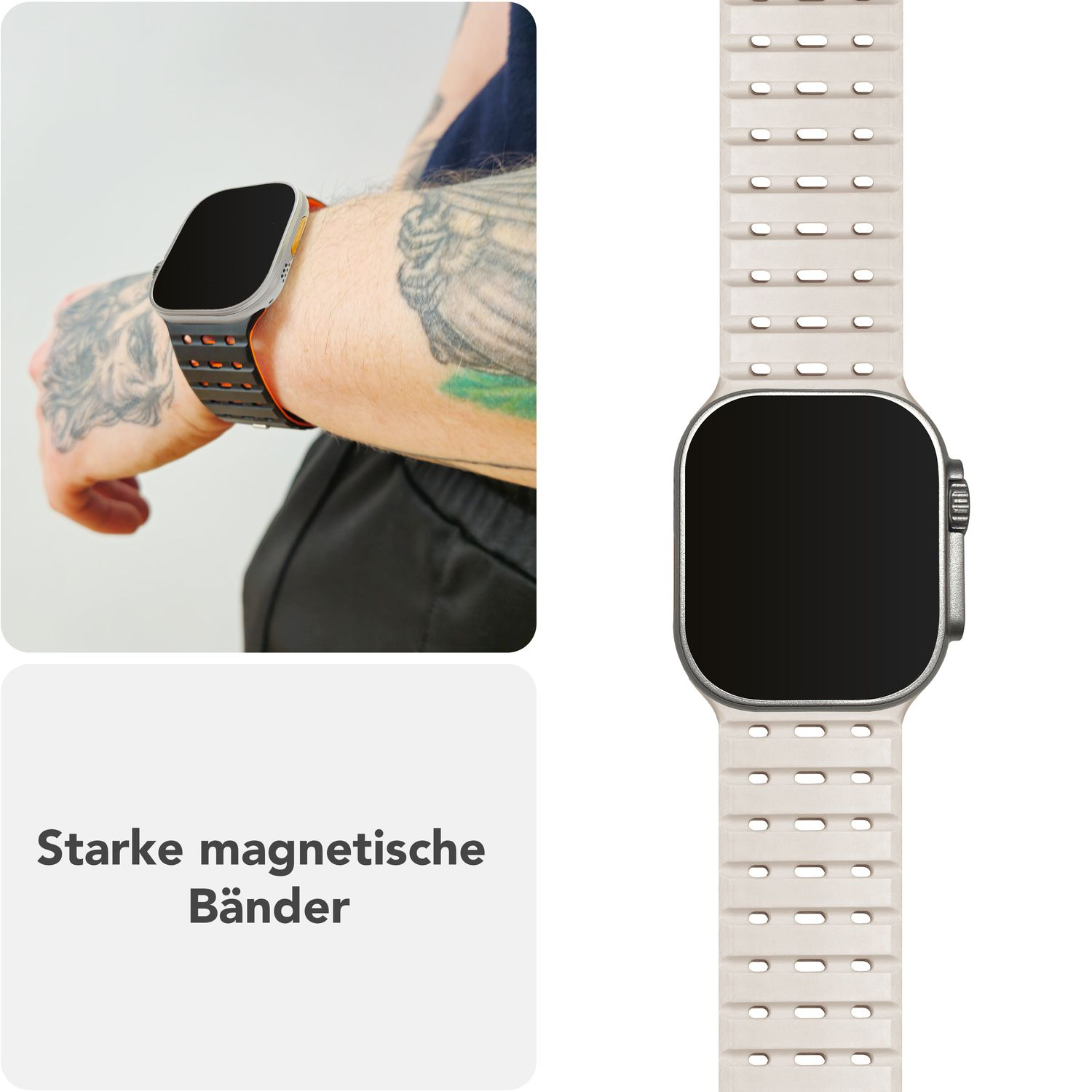 Beiges Apple Watch-Armband und Uhr. Am Handgelenk gezeigt. Band hat geriffeltes Design mit Löchern.