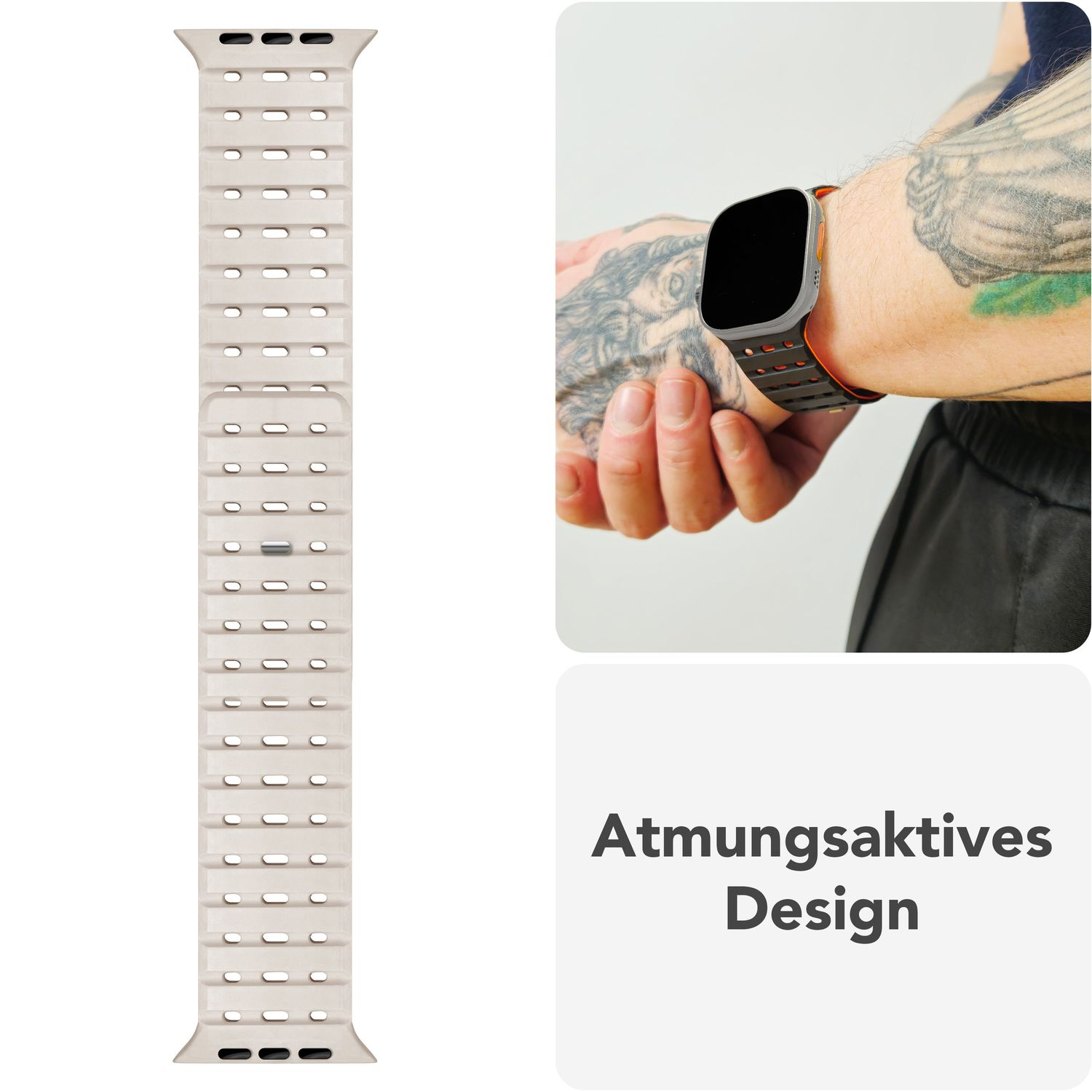 Ein cremefarbenes Apple Watch-Armband sowie das Handgelenk einer Person mit der Uhr und einem Tattoo.