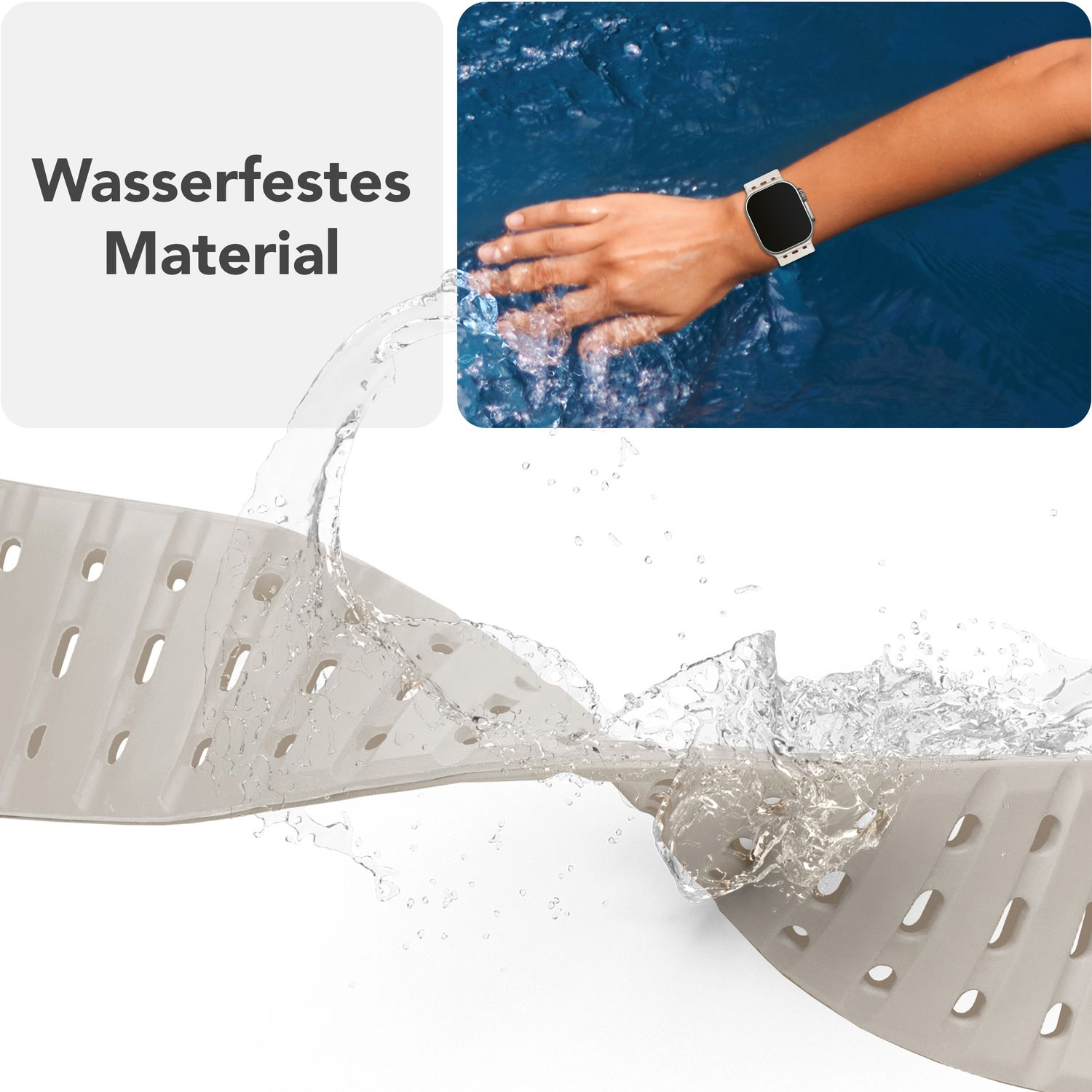 Weißes Uhrenarmband mit Wasser, das darauf spritzt. Band hat Löcher und wird mit Wasserbeständigkeit gezeigt.