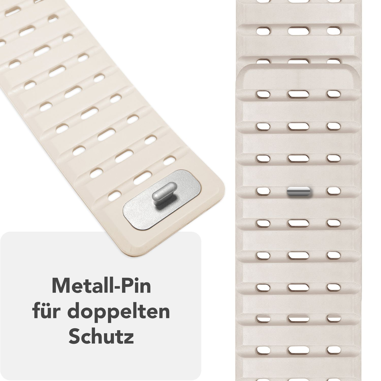 Beiges Uhrenarmbandsegment mit Metallstift. Das Band hat mehrere Löcher zur Anpassung.