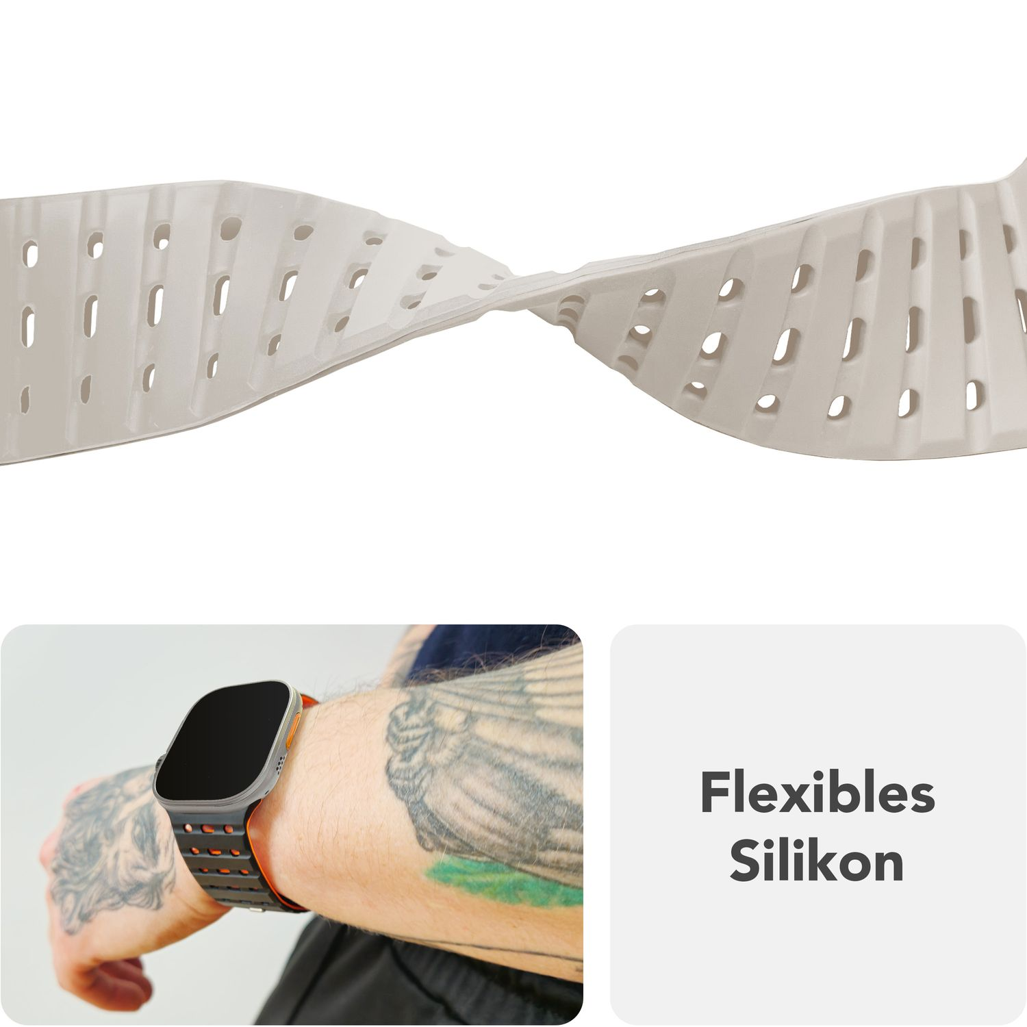 Flexibles weißes Silikon-Uhrenarmband, Nahaufnahme am Handgelenk.