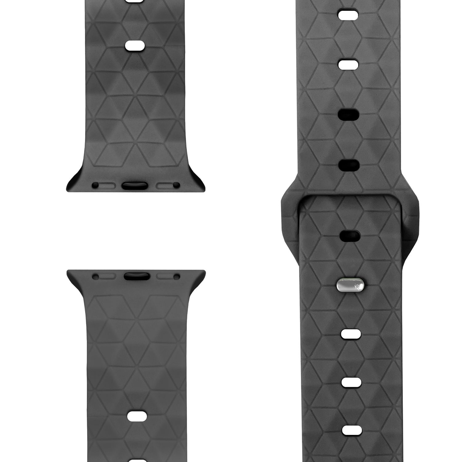 Nahaufnahme eines dunkelgrauen Uhrenarmbands, Details auf weißem Hintergrund.