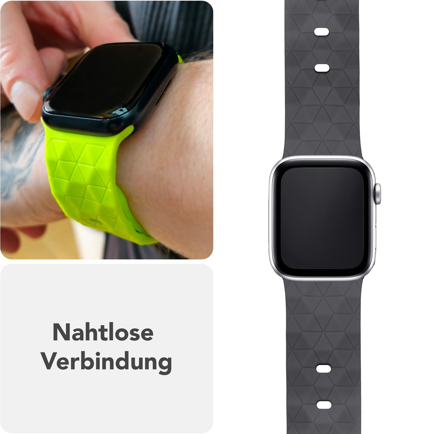 Hand mit Uhr mit neongrünem Armband. Rechts, ein graues Uhrenarmband gezeigt.