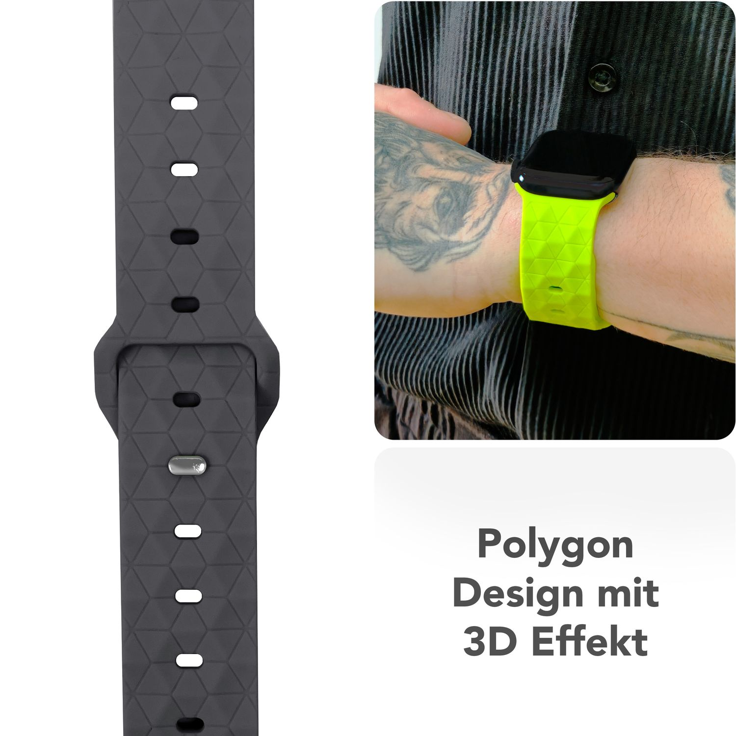 Eine Uhr mit schwarzem Bildschirm und grauem Armband. Das Handgelenk einer Person mit Tätowierung wird gezeigt. Text: Polygon Design.
