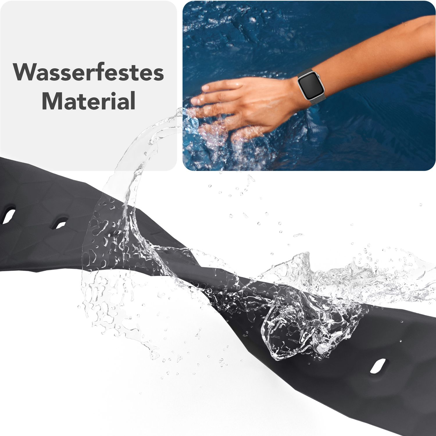 Wasser spritzt auf schwarzes Uhrenarmband. Handgelenk mit Uhr im Hintergrund.