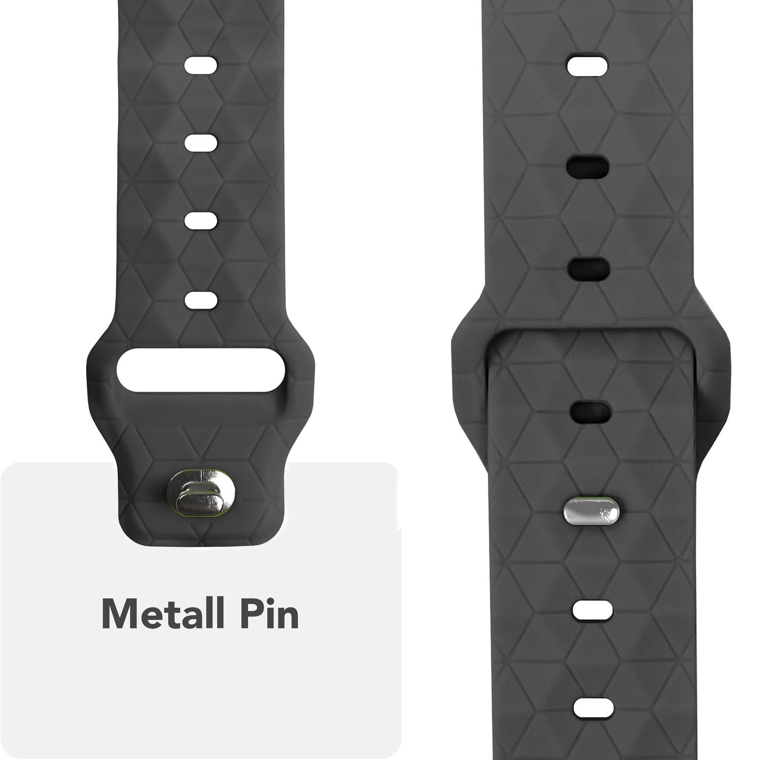 Dunkelgraue Uhrenarmbandteile. Nahaufnahme des Bandes mit dem Metallstift.