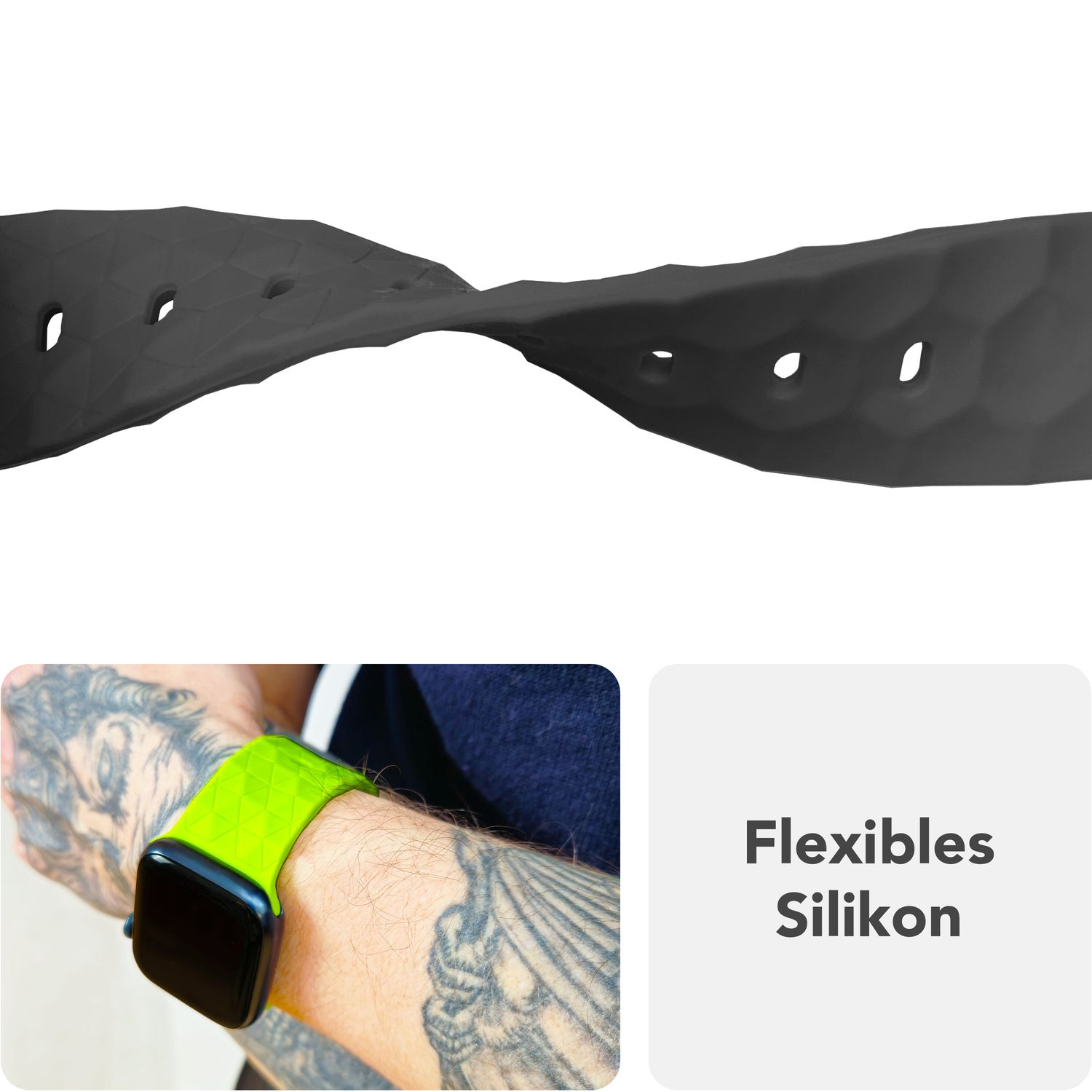 Person trägt Uhr mit neongrünem Band. Band hat flexibles Silikondesign.