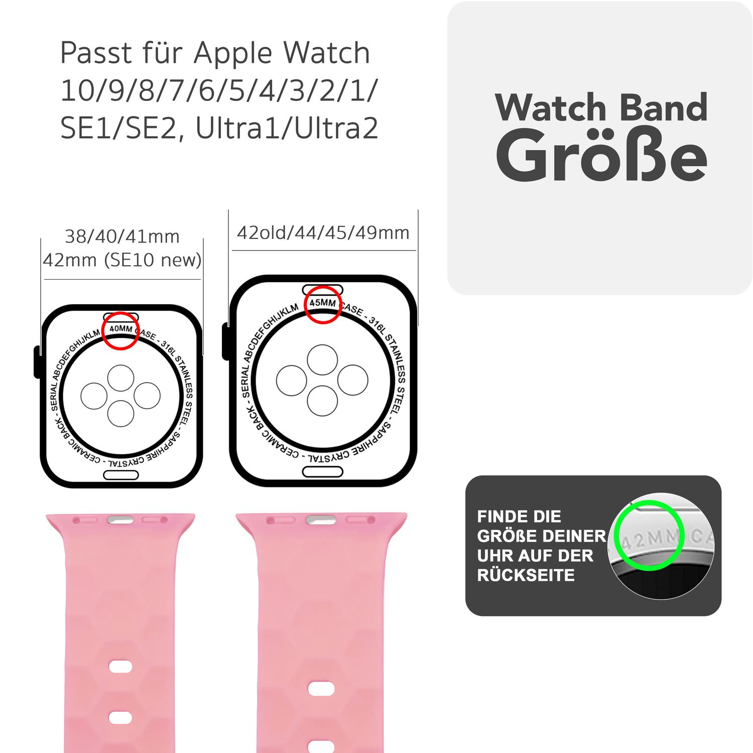 Diagramm der Uhrenarmbandgrößen. Zeigt Bandgrößen für verschiedene Apple Watch-Modelle. Zeigt auch, wie man die Bandgröße misst.