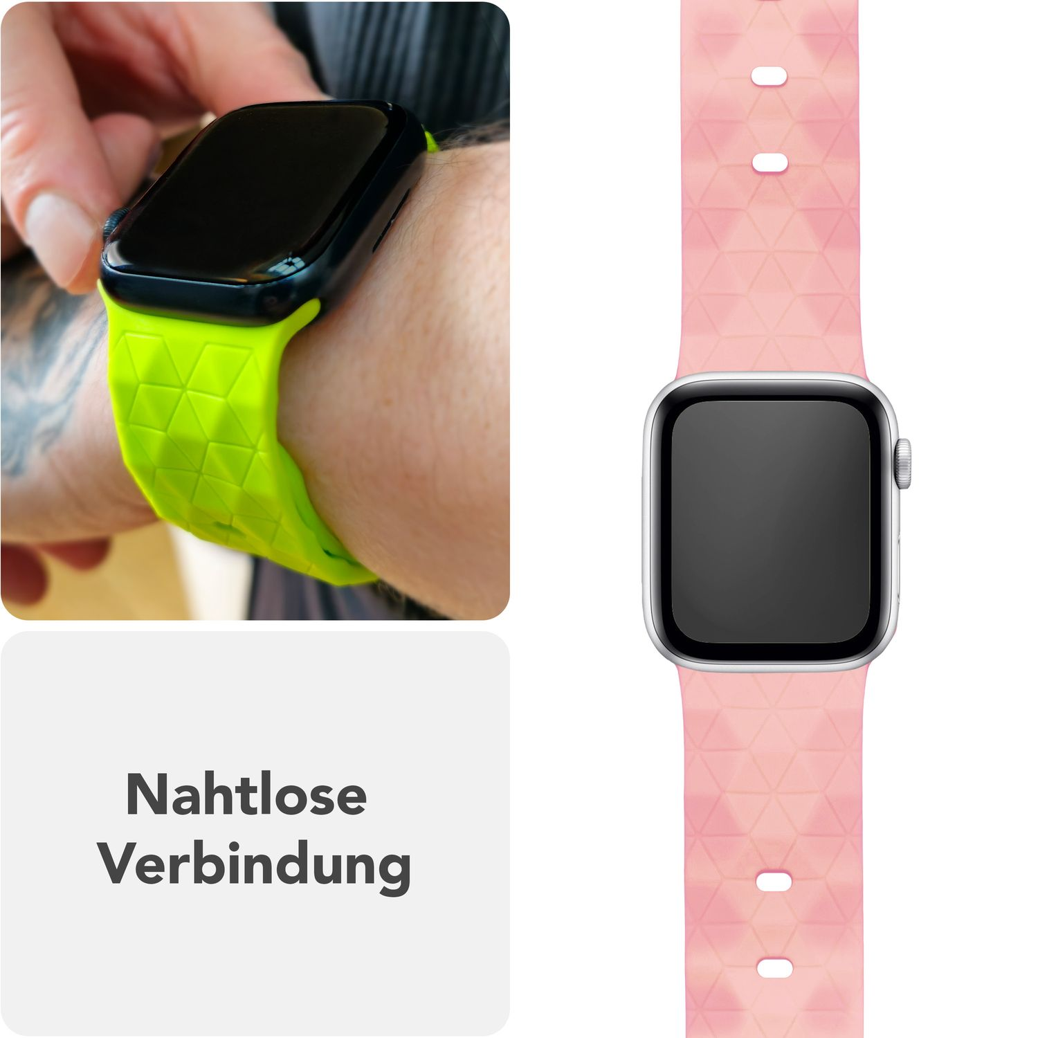 Person mit Smartwatch und grünem Armband am Handgelenk. Gezeigt wird auch ein pinkes Armband und eine Uhr.