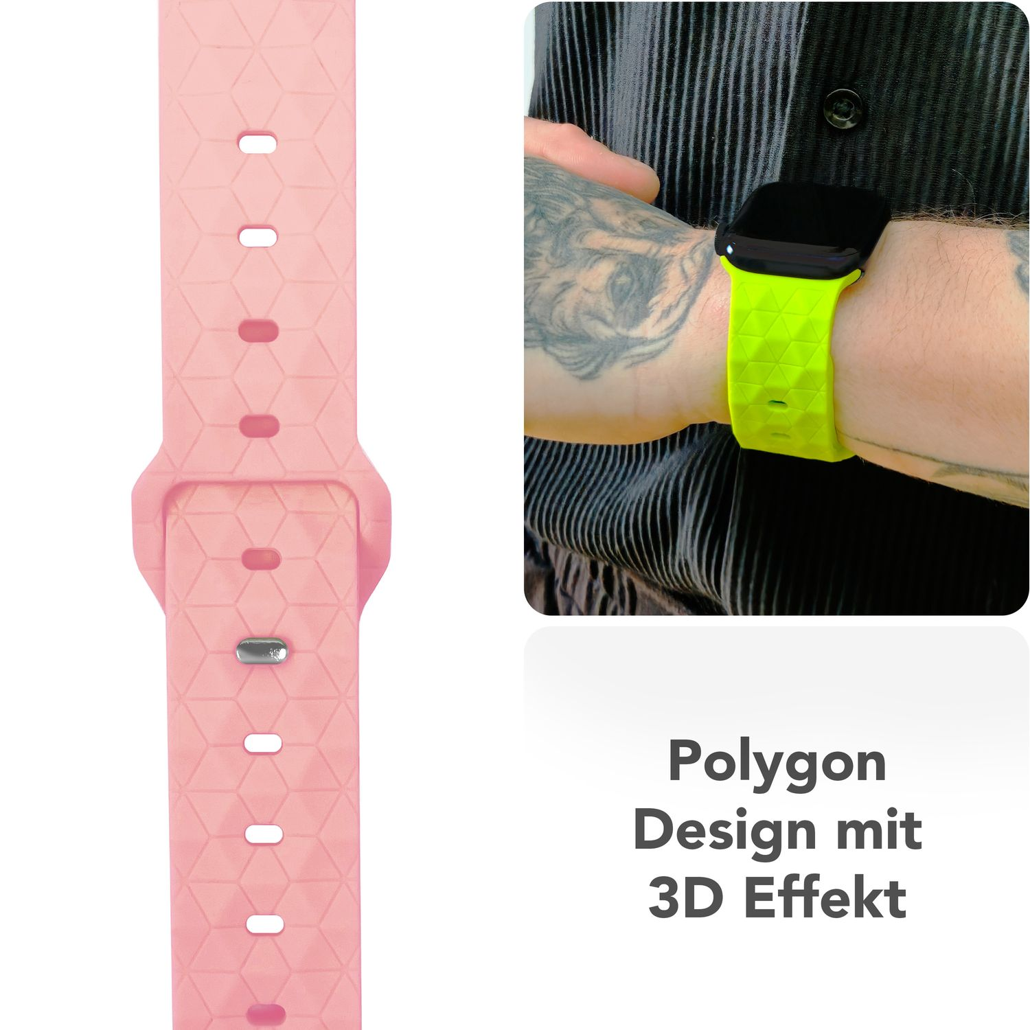 Pinkes Armband mit Hexagon-Design, ein Handgelenk mit neongrünem Band. Text: Polygon Design mit 3D Effekt.