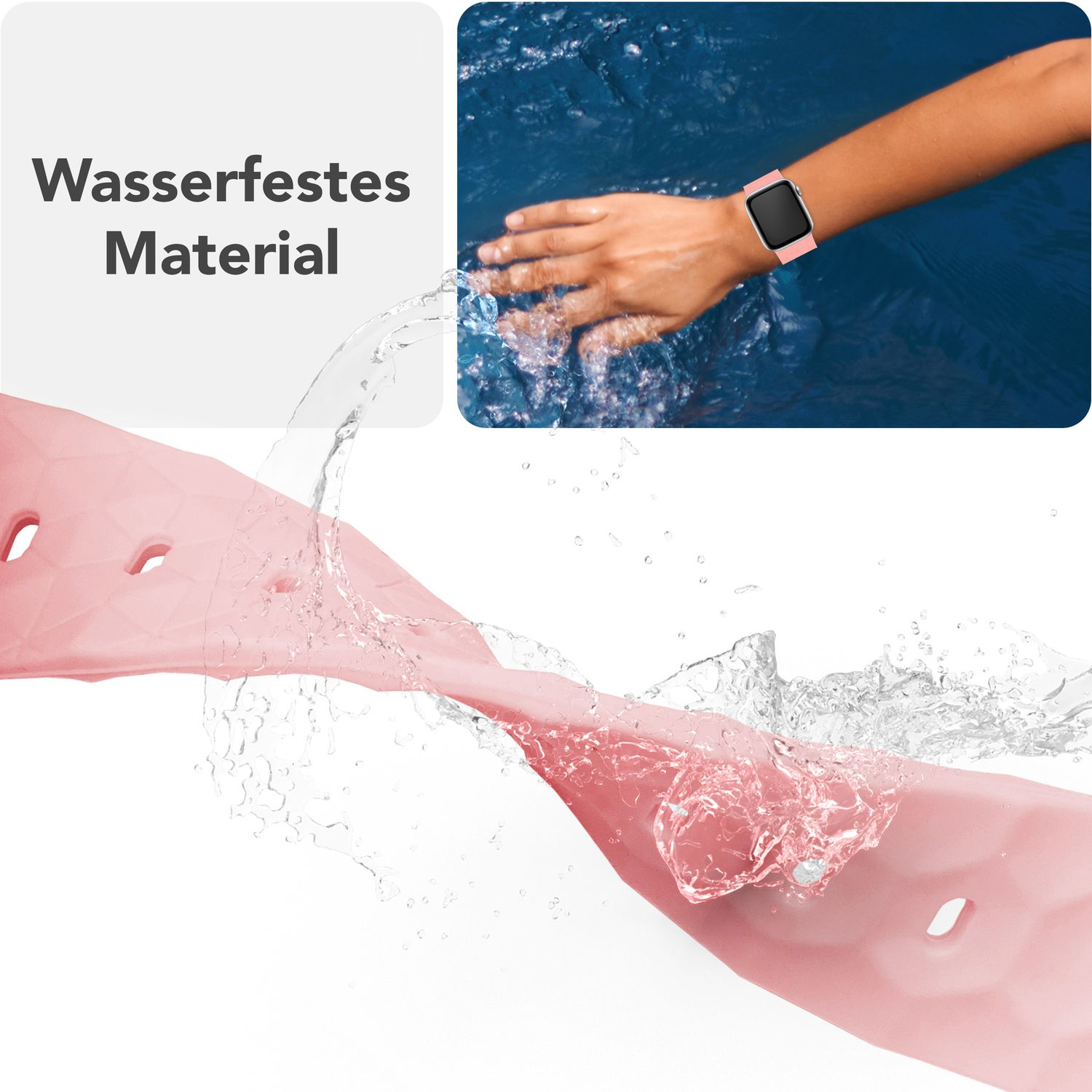 Pinkfarbenes Uhrenarmband mit Wasser, das darauf spritzt. Band hat Löcher und ist wasserdicht.