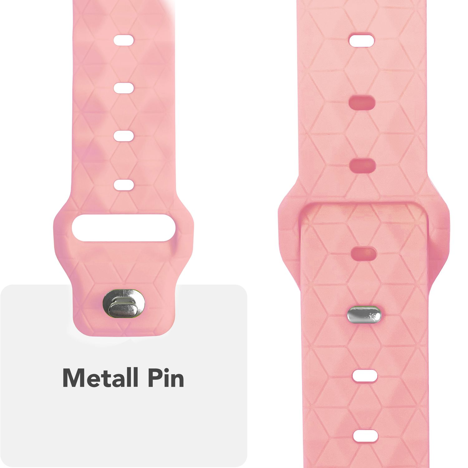 Rosa Uhrenarmband mit Metalldetail, vor weißem Hintergrund.
