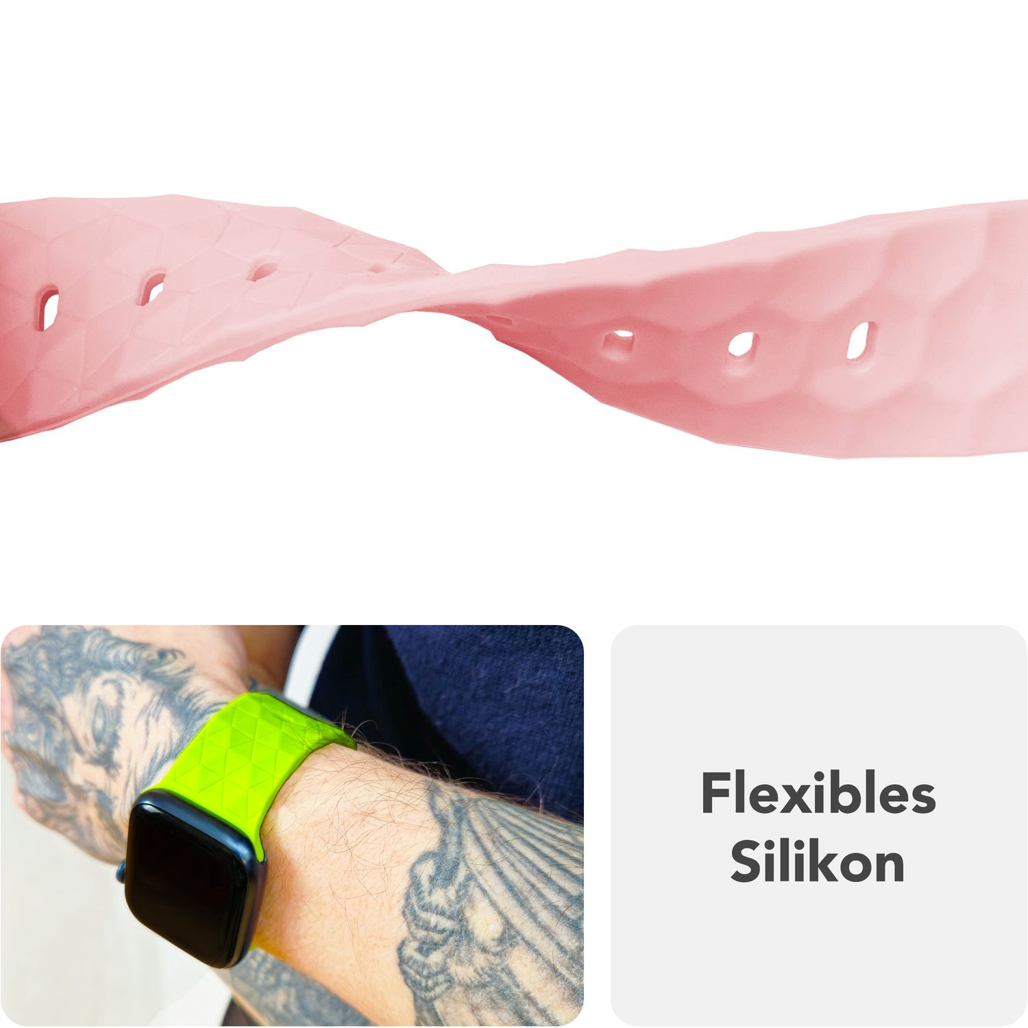 Rosa flexibles Silikon-Armband mit einem grünen Armband am Handgelenk.