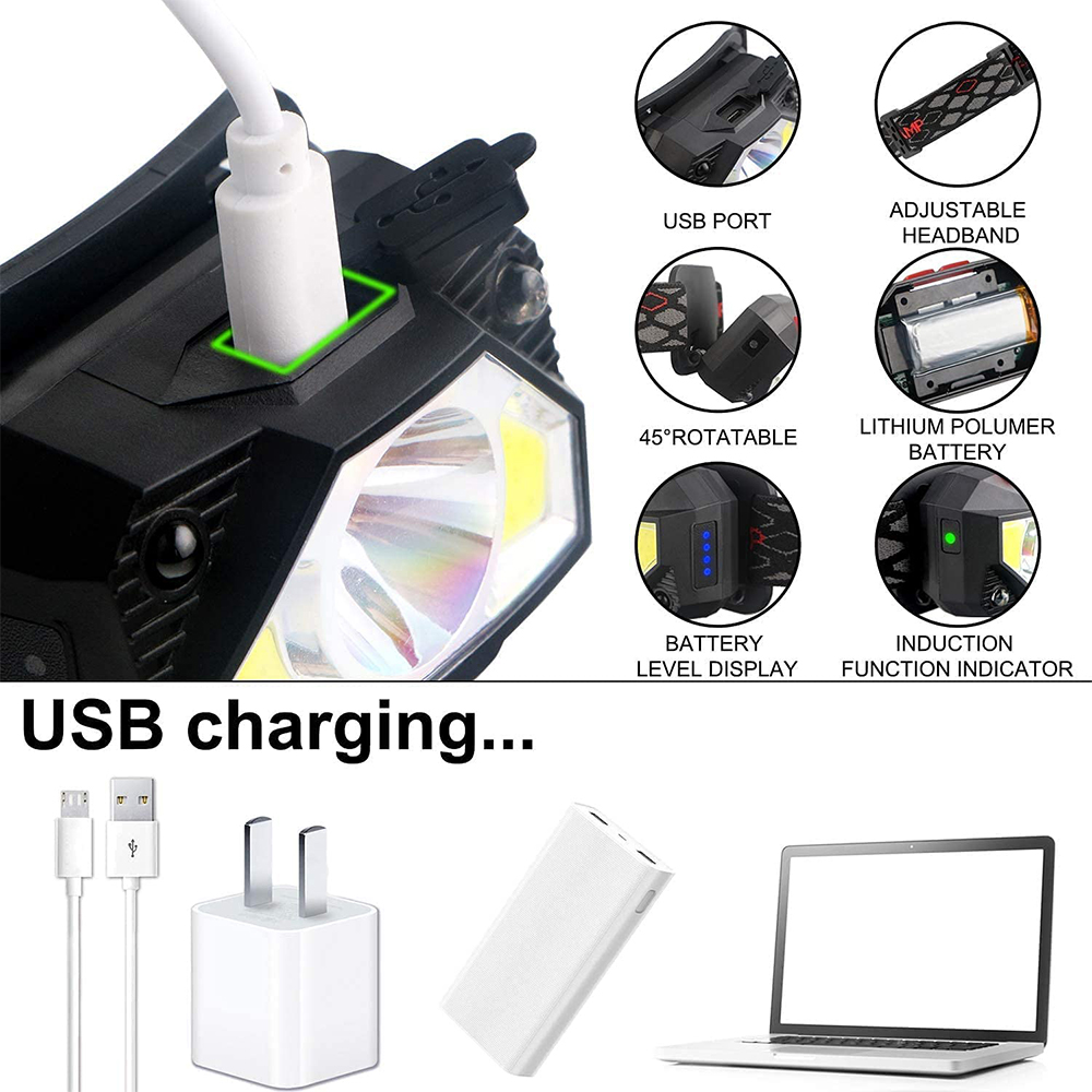 Schwarze Taschenlampe mit eingestecktem weißem USB-Kabel. Weitere Komponenten sind ebenfalls abgebildet.