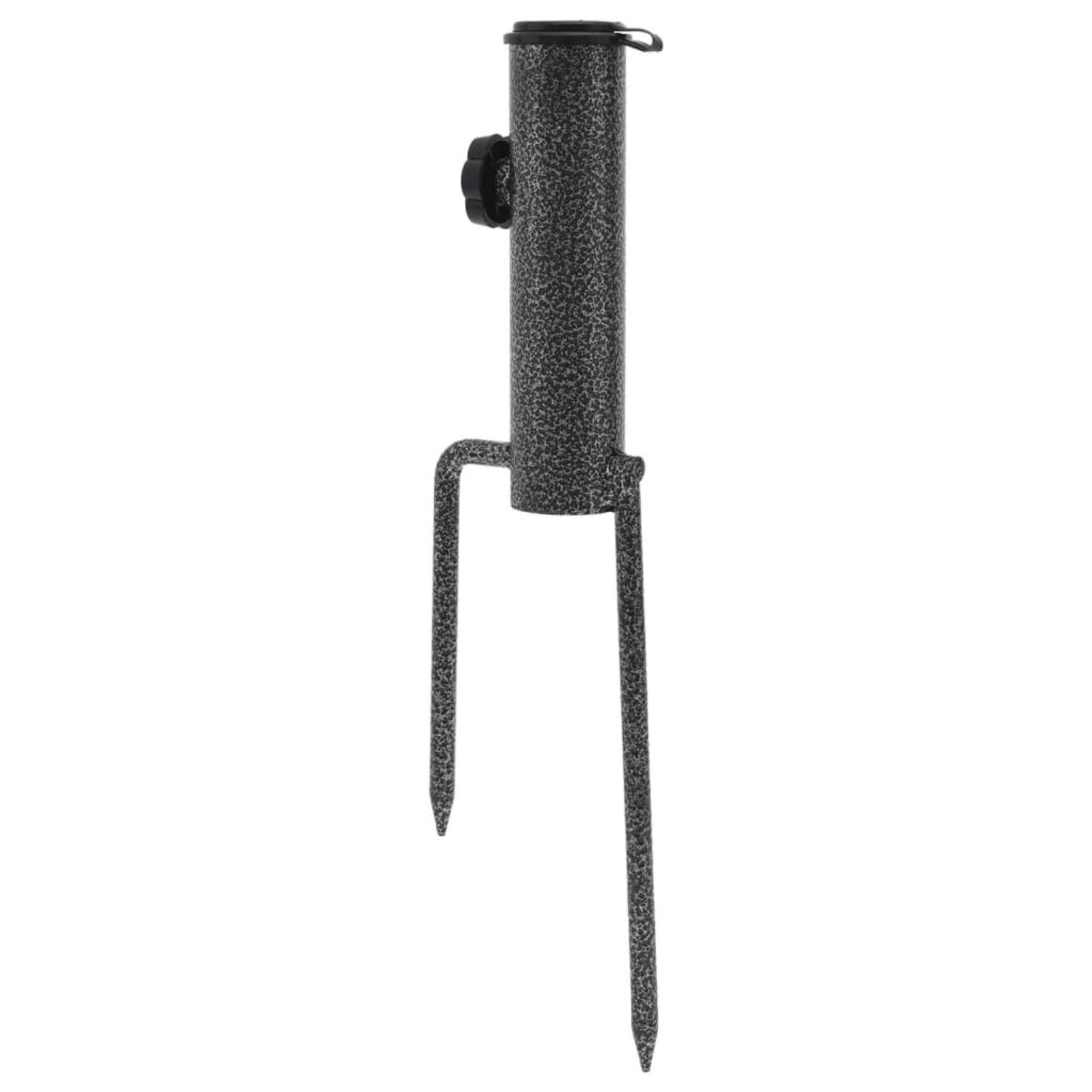 Ein Metall-Polhalter mit einem Dorn am Boden. Er hat einen schwarzen Deckel und einen Knopf.