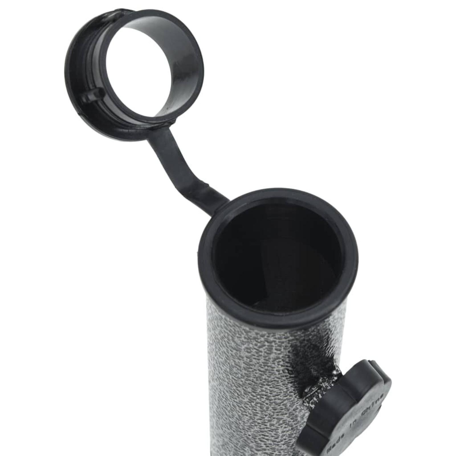 Schwarz-graue Metallstange mit Loch oben und schwarzer Kappe.