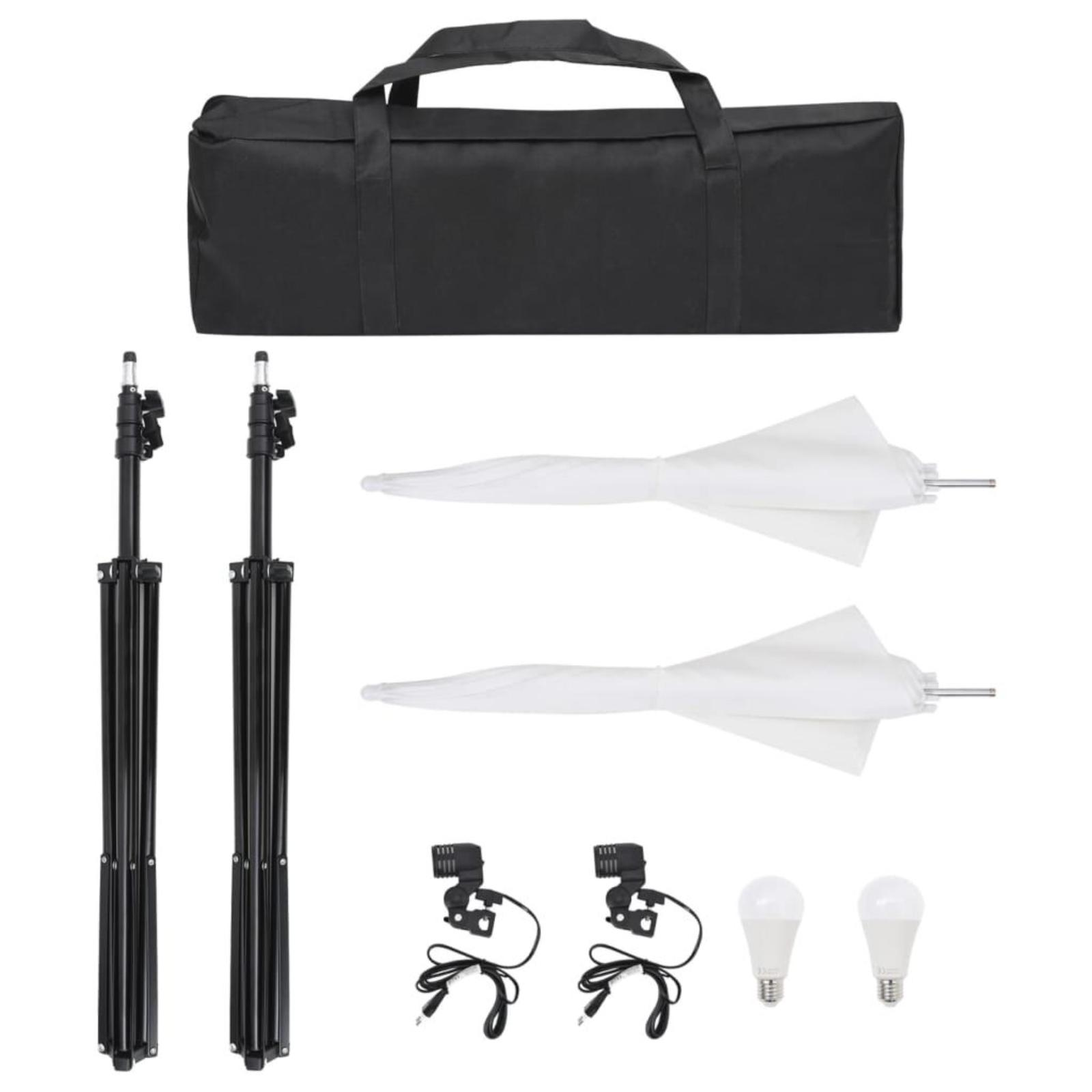 Fotostudio-Kit mit zwei Lichtstativen, zwei Schirmen, zwei Glühbirnen und einer Tragetasche.