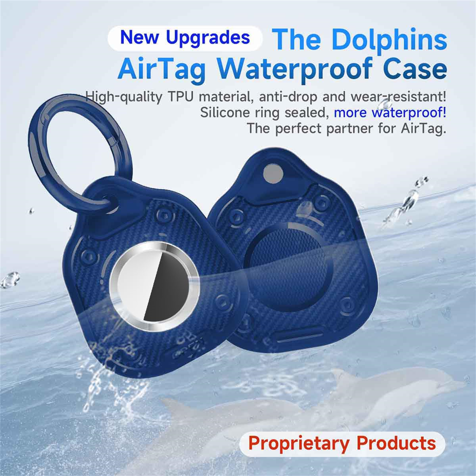 Zwei blaue AirTag-Hüllen mit schwarzem Ring. Text: The Dolphins AirTag Waterproof Case. Schwarzer und weißer Kreis.