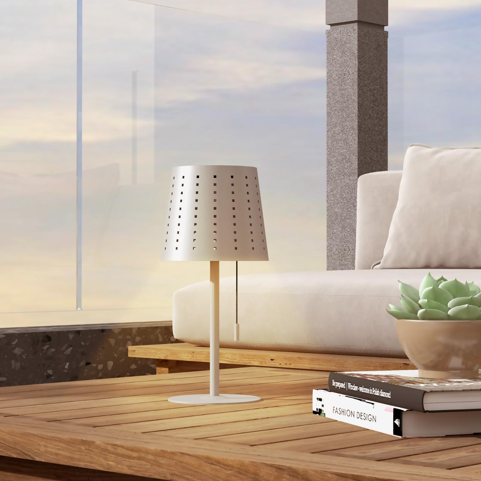 Weiße Tischlampe auf Holztisch. Bücher und eine Pflanze in der Nähe. Sonnenuntergang im Hintergrund.