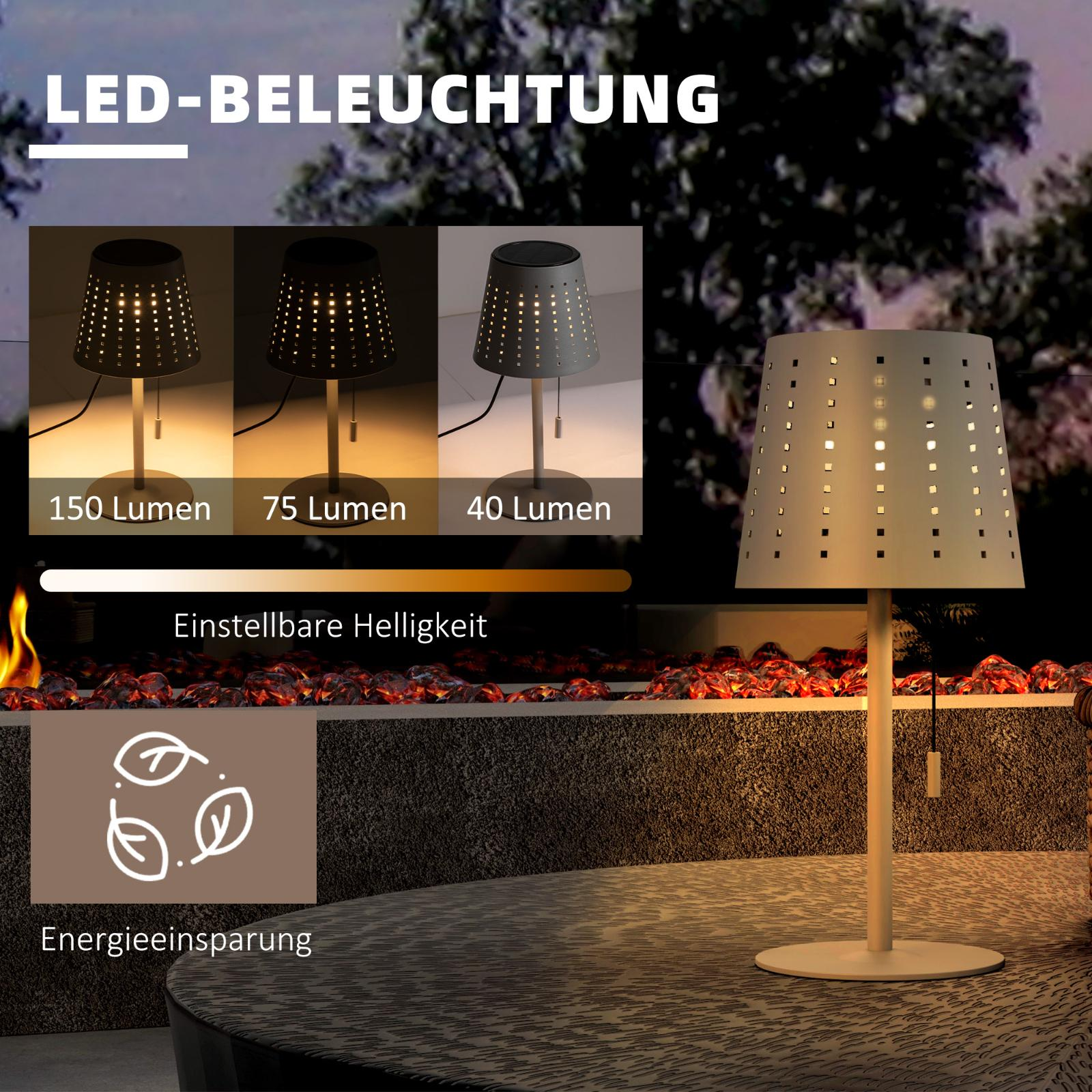 Eine weiße Lampe mit einstellbarer Helligkeit im Außenbereich. Drei Lichteinstellungen werden angezeigt.